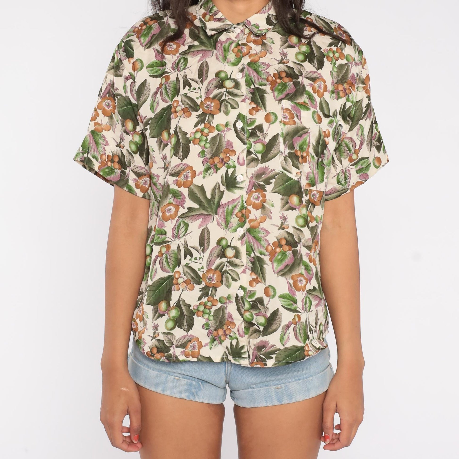 70s Botanical Print Button Down Shirt Cream Green Orange Brown Floral Large L