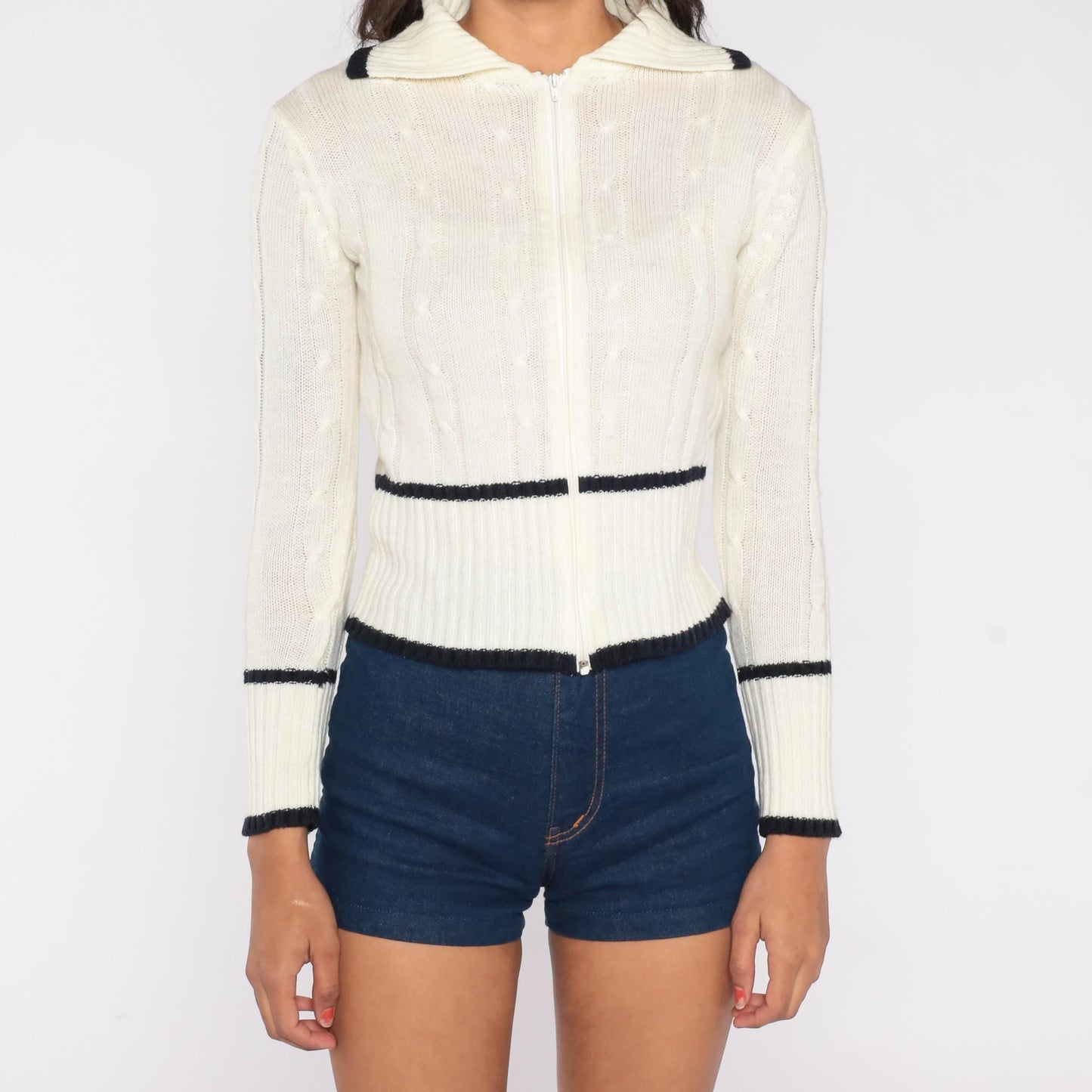 70s White Cable Knit Zip Cardigan Black Trim Collared Small