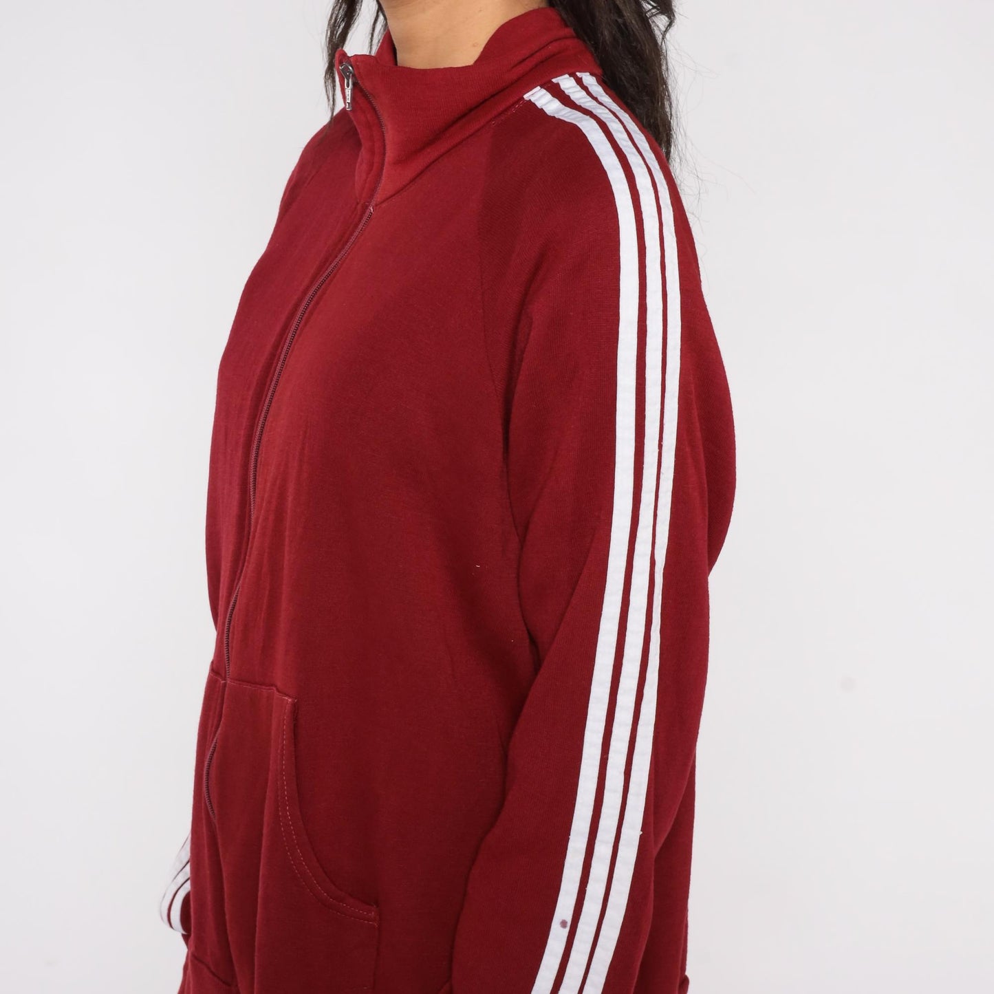 80s Red Track Jacket White Stripe Zip Front Raglan High Collar Large L