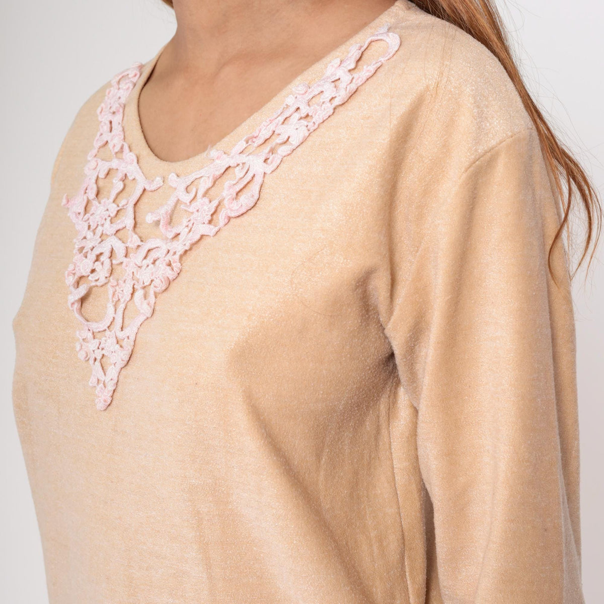 70s Cream Lace Appliqué Pullover Sweater Pink Detail Round Neck Medium M