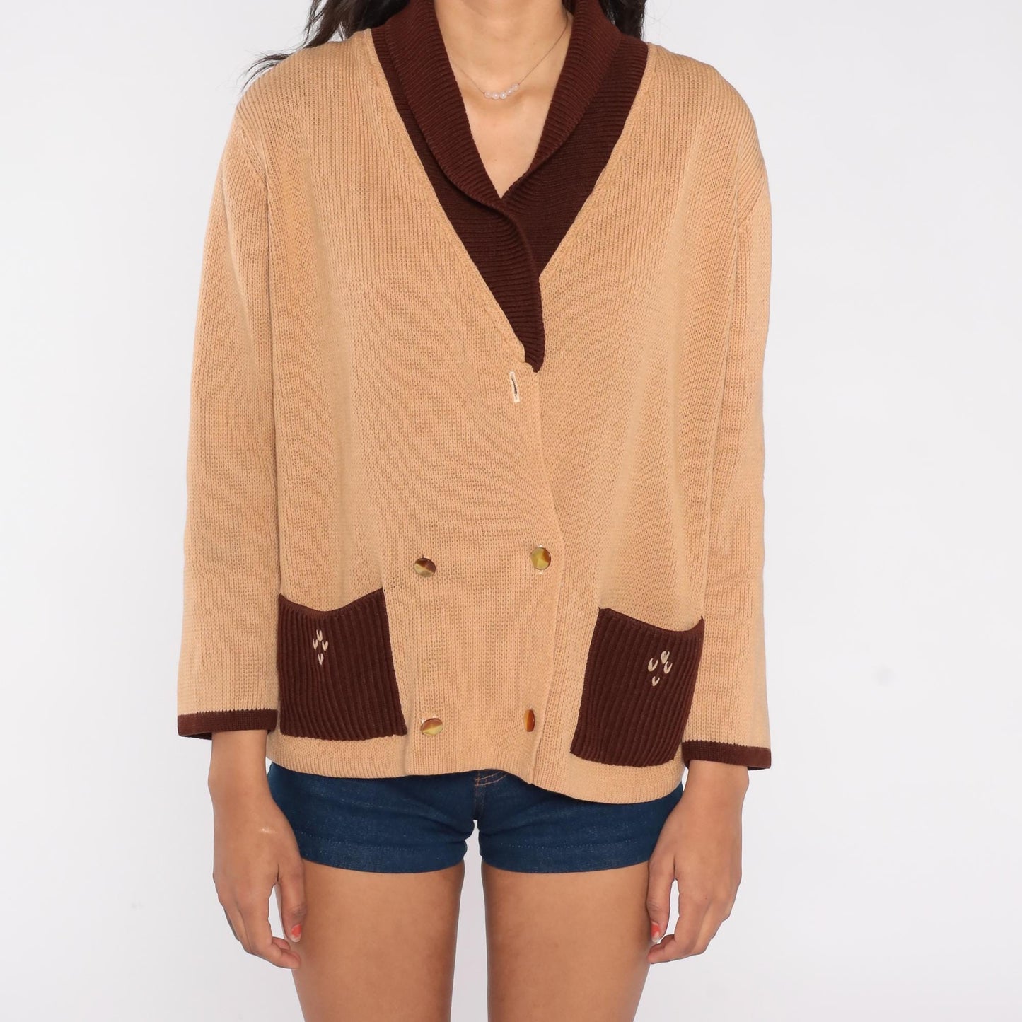 70s Camel Cardigan Shawl Collar Embroidered Pockets Brown Trim Medium