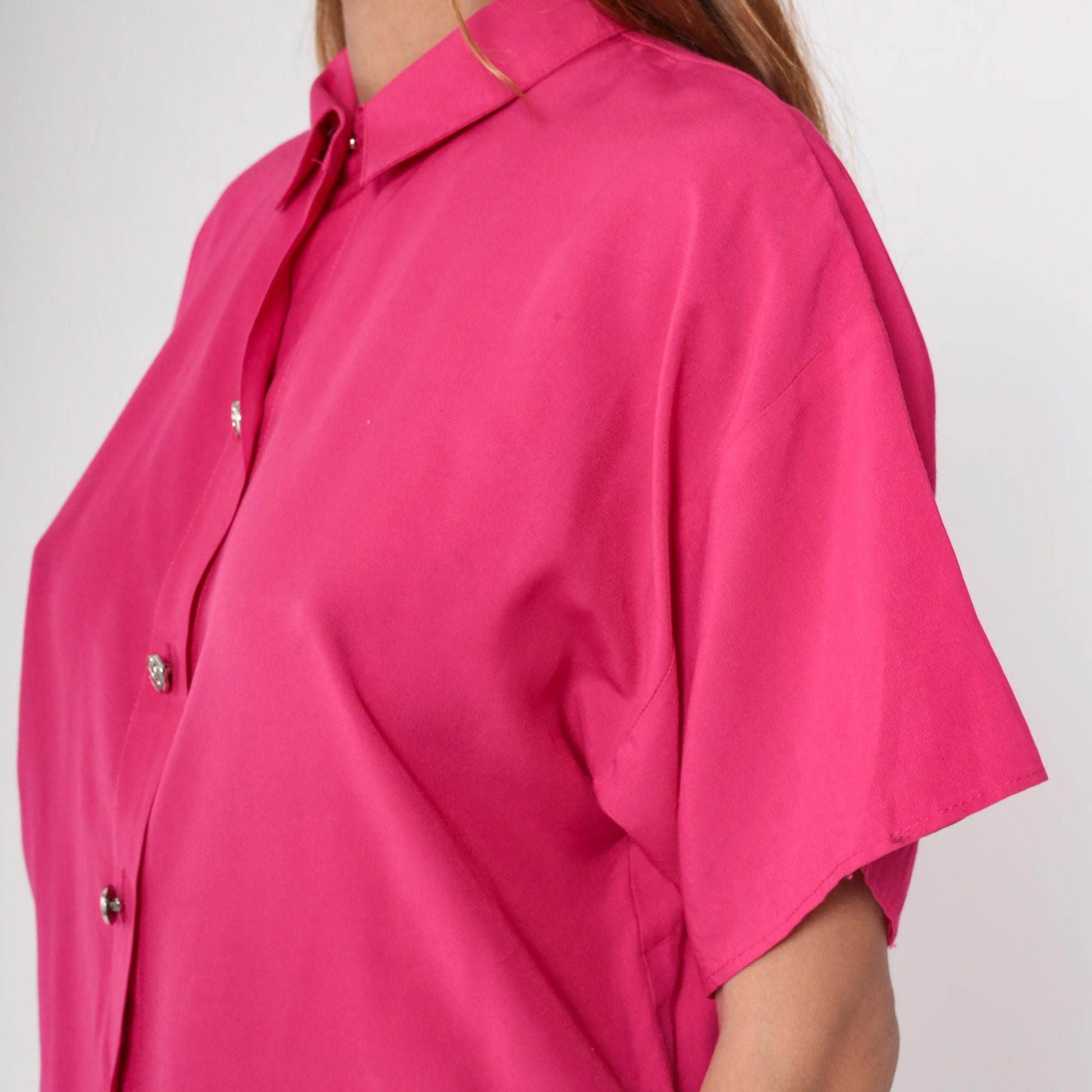 90s La Fever Hot Pink Button Up Blouse Silver Buttons Short Sleeve Medium M