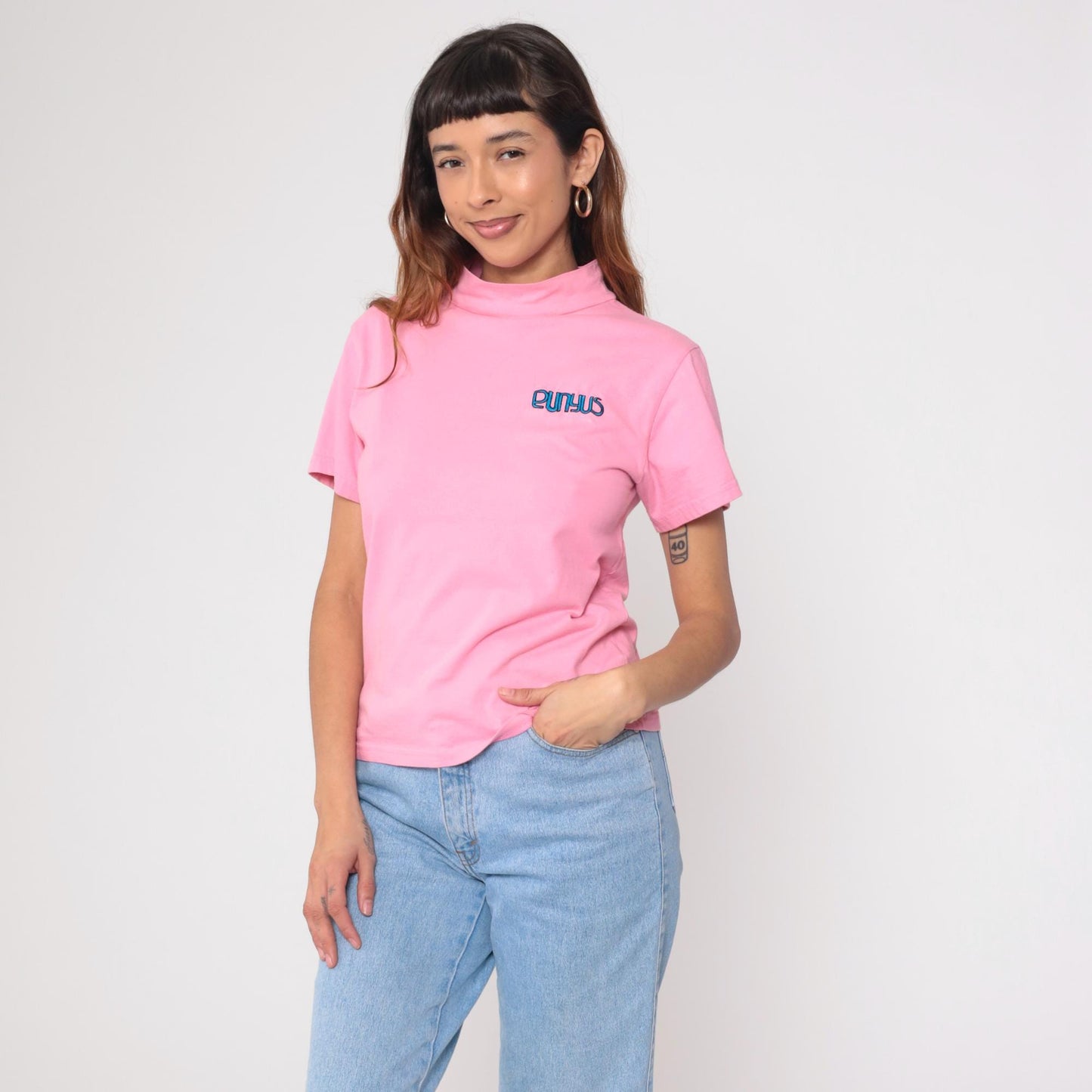 90s Punyus Y2K Pink Cotton Mock Neck Tee Japanese Brand Medium M