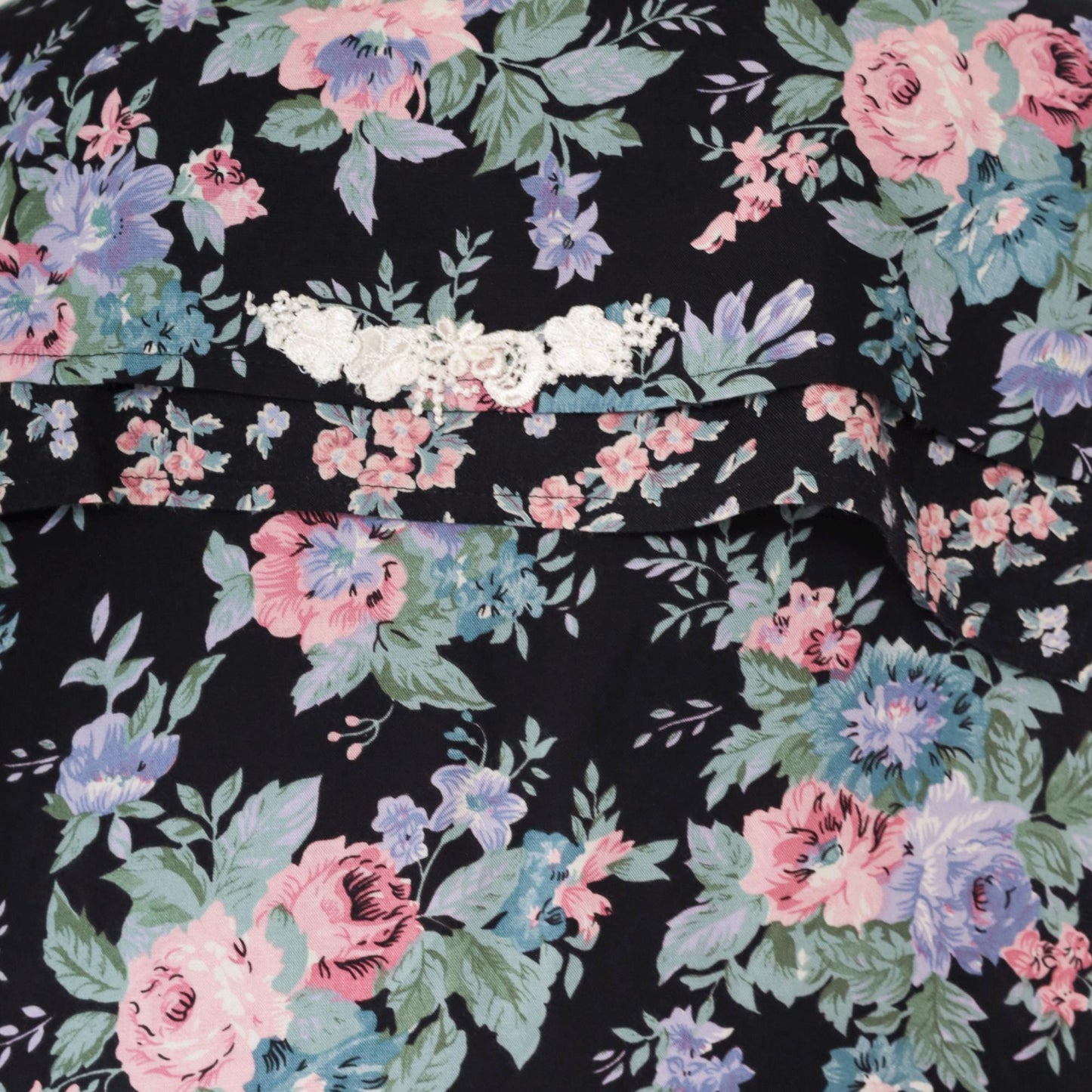 90s Liz Baker Floral Button Up Blouse Black Rayon Pink Purple Flowers Lace Collar Plus Size 20