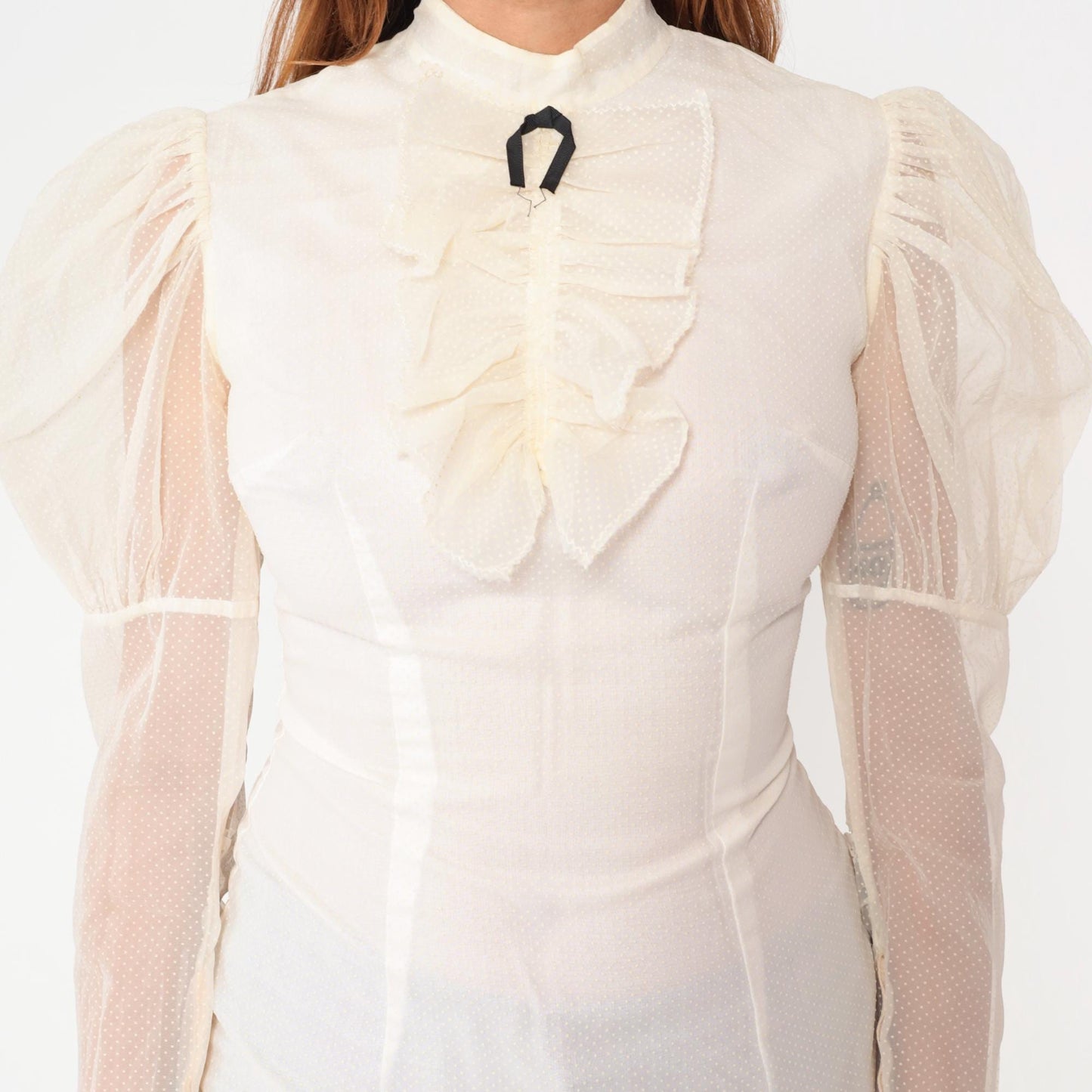 60s White Victorian Blouse Puff Sleeve Ruffle High Neck Bow Tie Small S