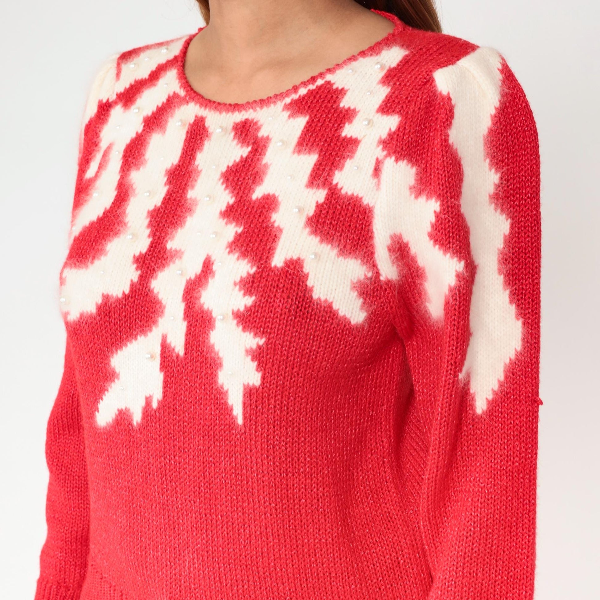 80s Petite Illustrations Red Knit Sweater Pearl Snowflake Puff Shoulder Small
