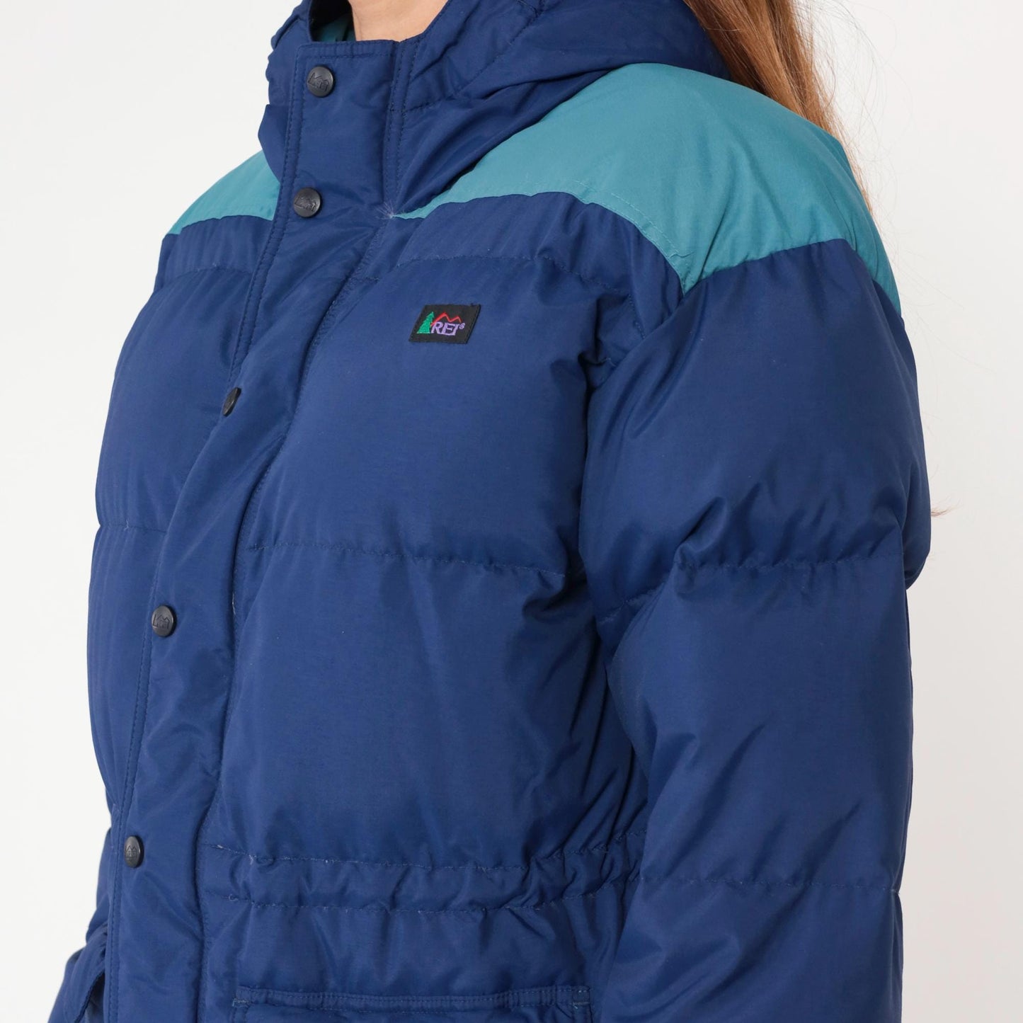 Y2K REI Goose Down Puffer Jacket Navy Teal Colorblock Hooded Extra Large XL