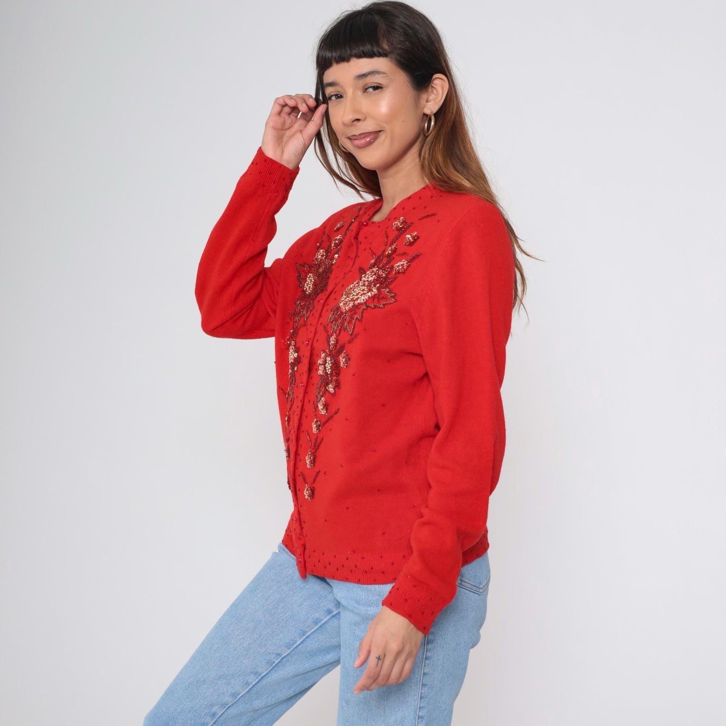 90s Red Beaded Floral Cardigan Wool Angora Blend Button Up Sequin Knitwear Large L