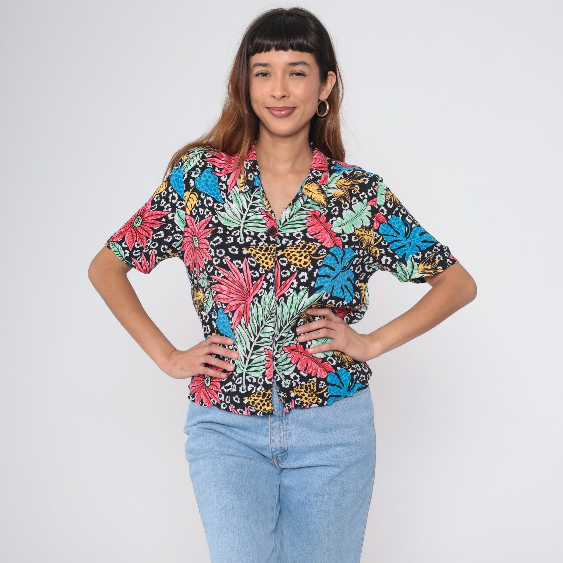 80s Black Hawaiian Shirt Tropical Orchid Floral Rayon Button Up Large