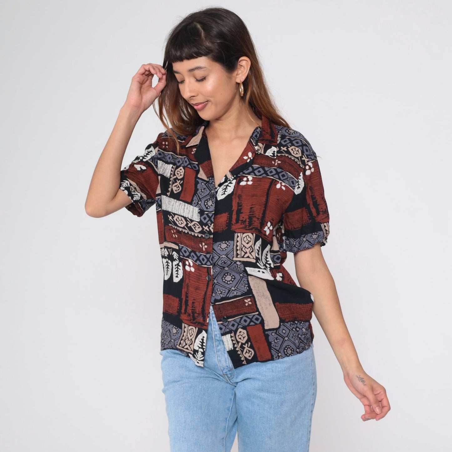 90s Radcliffe Batik Geometric Print Button Blouse Rust Blue Black Medium M