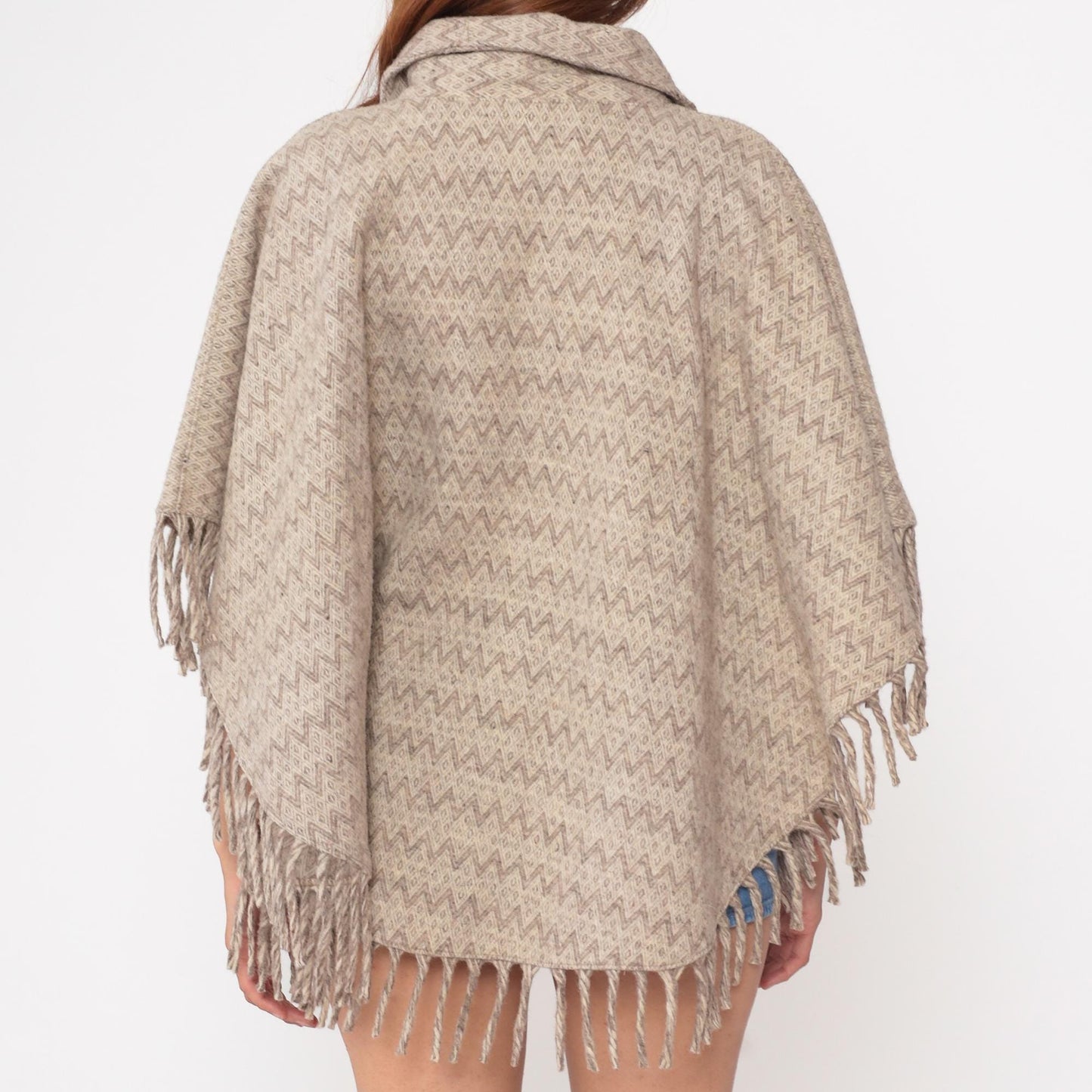 70s Wool Poncho Beige Brown Chevron Fringe Button Collar Cape One Size