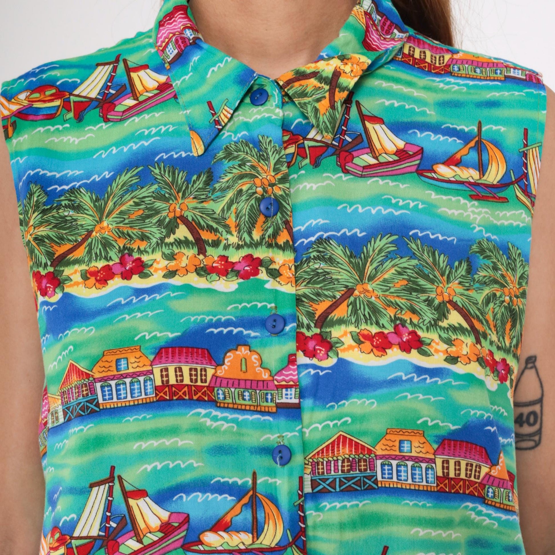 90s Caribou Tropical Island Sleeveless Shirt Teal Sailing Boat Print Extra Large