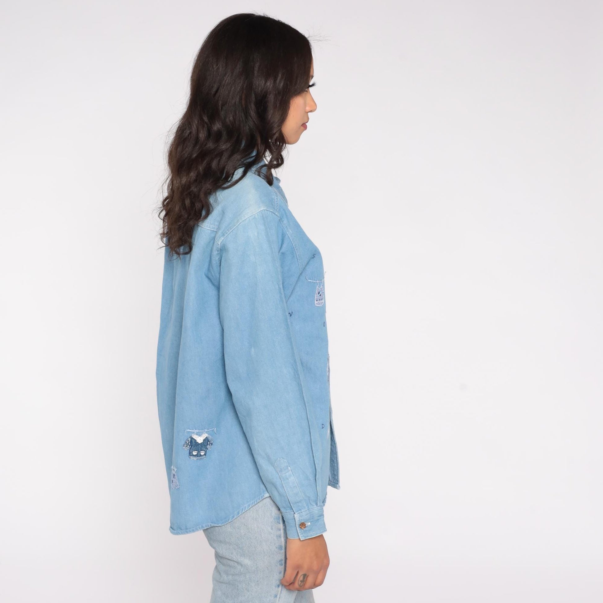 90s Gardy Teddy Bear Laundry Day Denim Shirt Blue Chambray Medium M