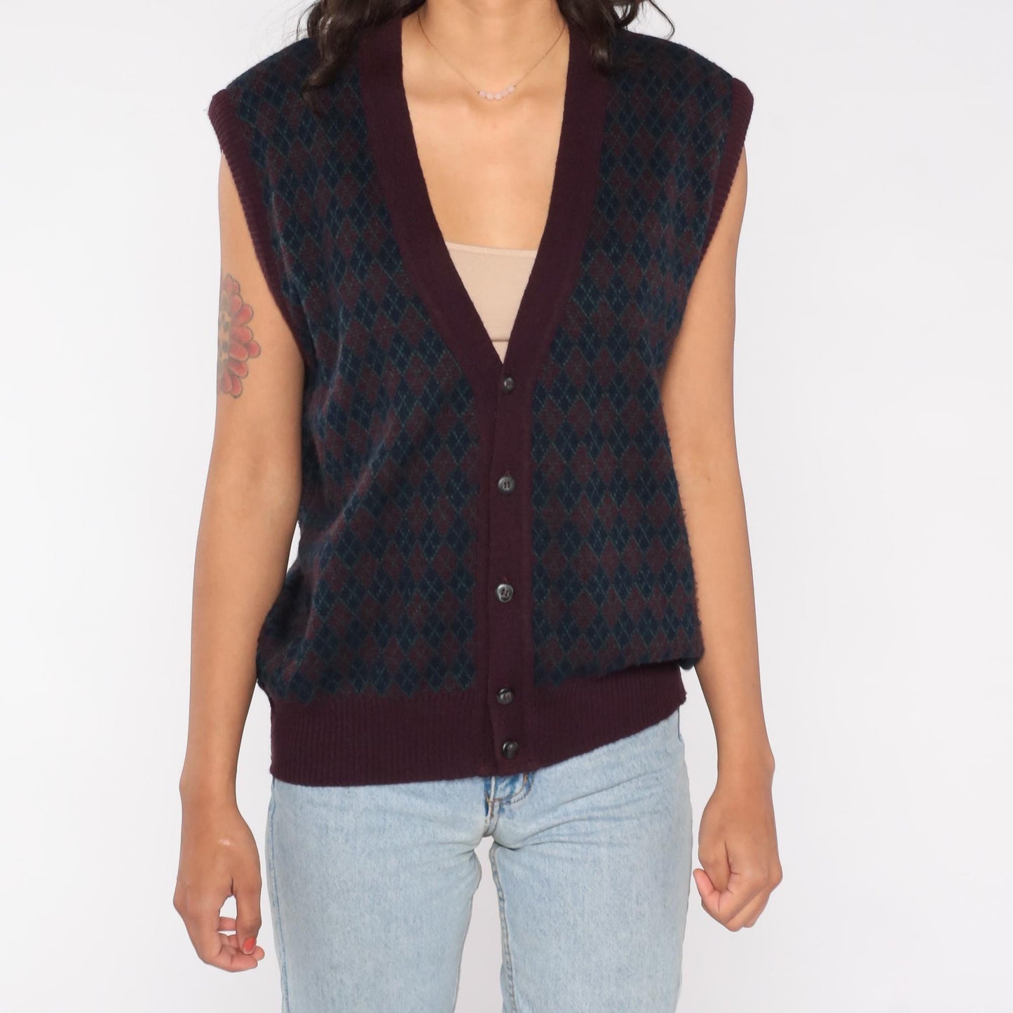 90s The Italian Sweater Co. Argyle Vest Burgundy Navy Green Wool Large L
