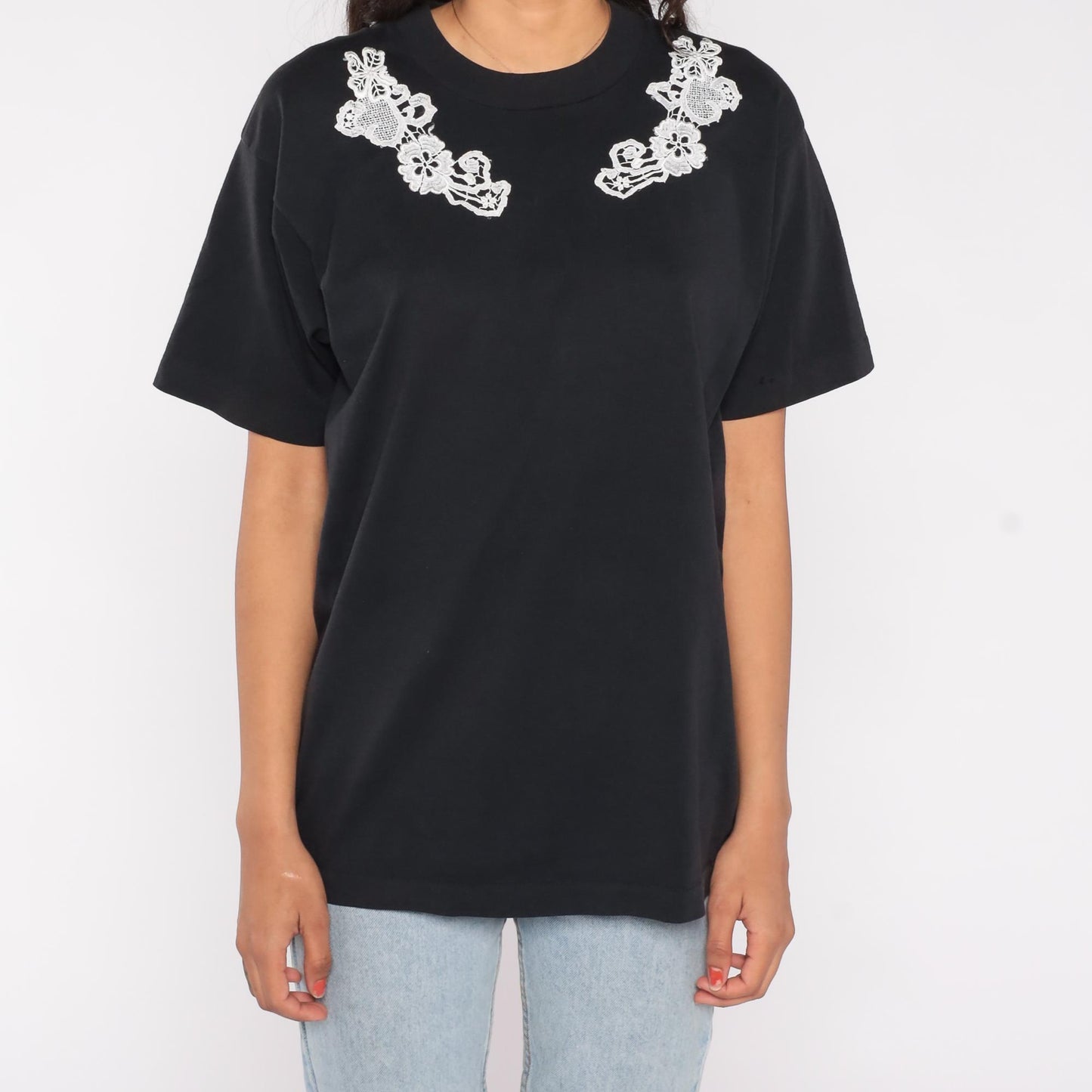 90s Screen Stars Best Black Lace Applique Crew Neck Tee Large L