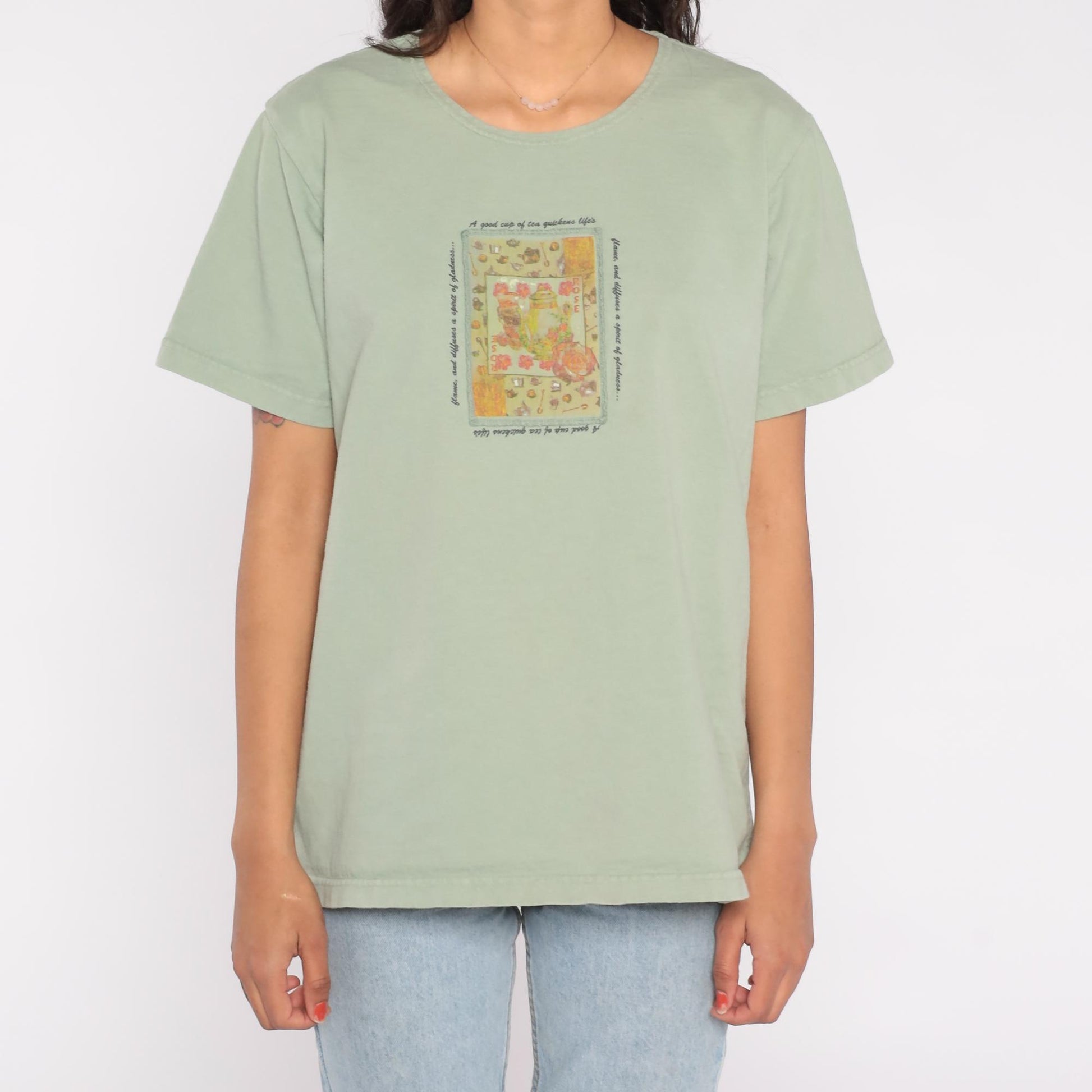 Y2K Sage Green Teapot Rose Graphic Tee Cotton Quote Print Small S