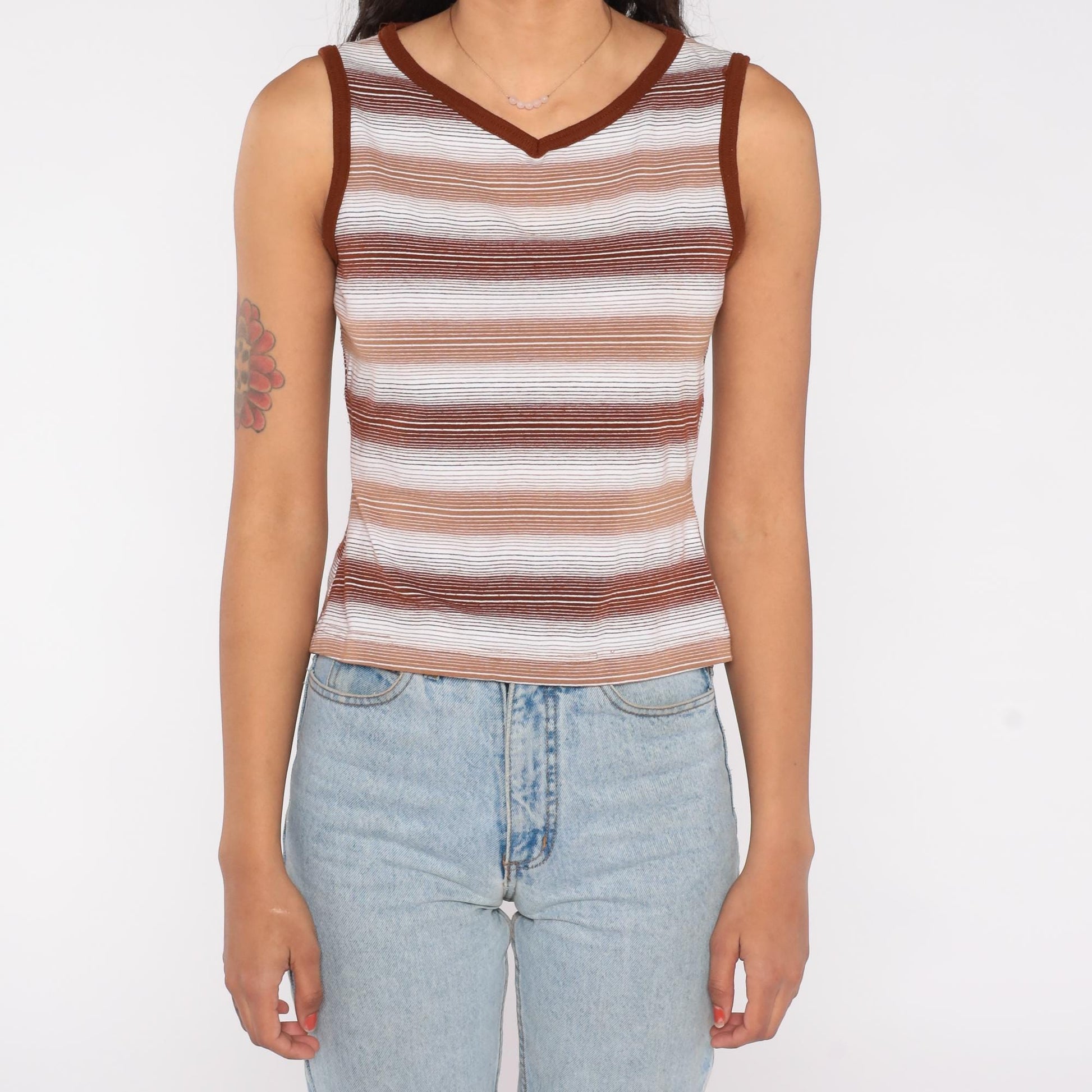 70s Brown Striped Tank Top V Neck Knit Fitted Shirt Small S