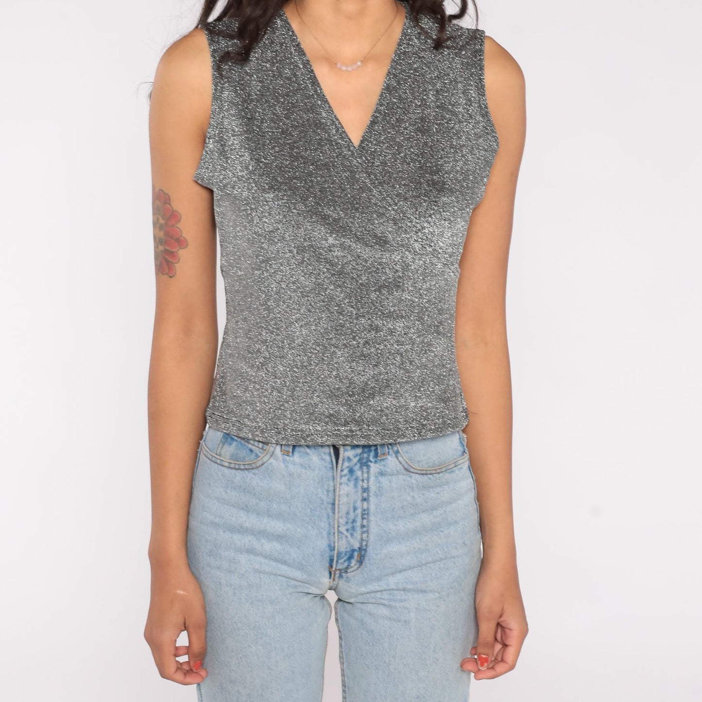 90s Jaipur Metallic Silver Wrap Tank Top Sparkle Lurex Large L