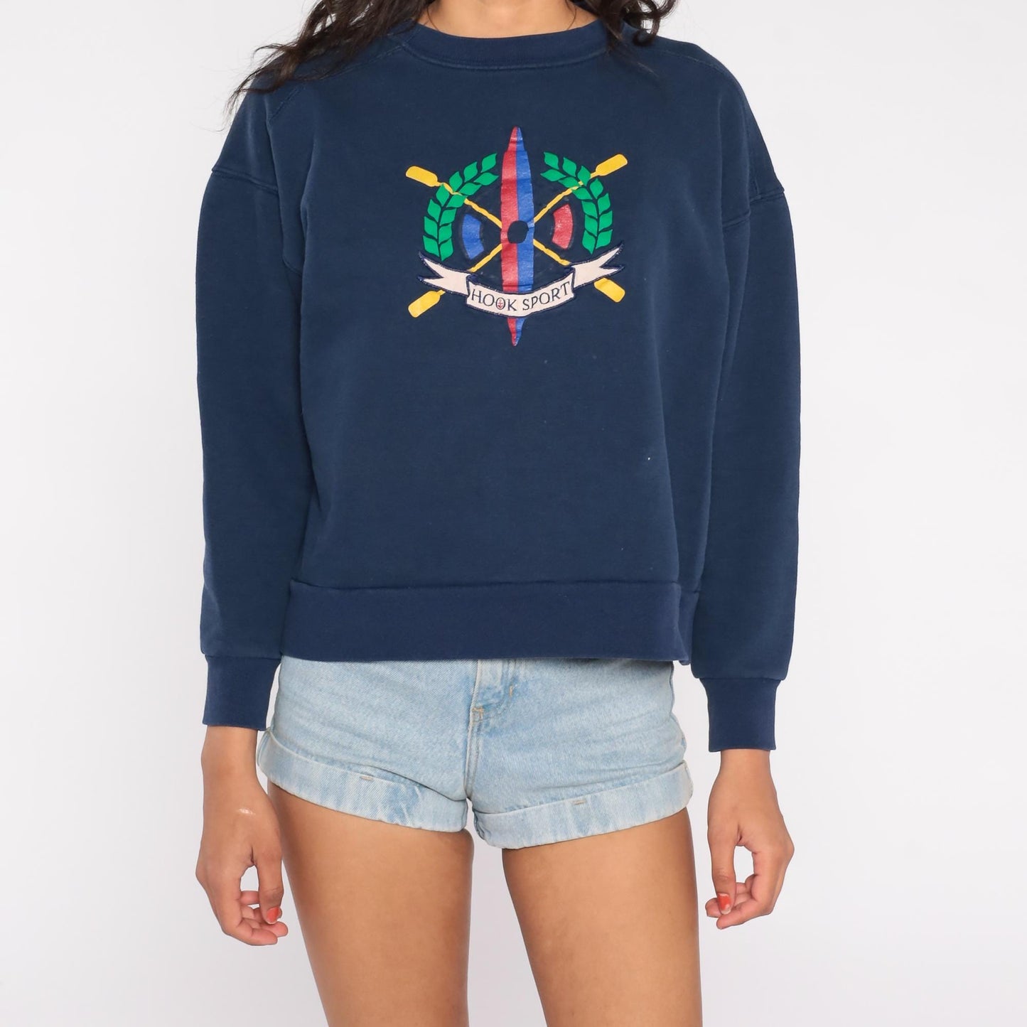 90s Hook Sport Rowing Crest Navy Sweatshirt Crossed Oars Graphic Large L