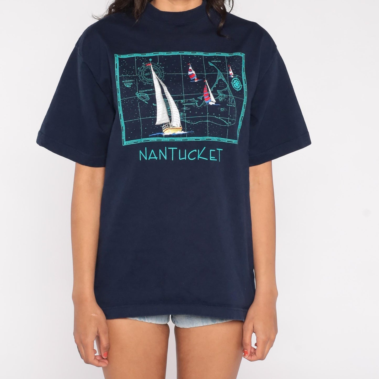 90s Singal Sports Nantucket Nautical Map Embroidered Tee Navy Large L
