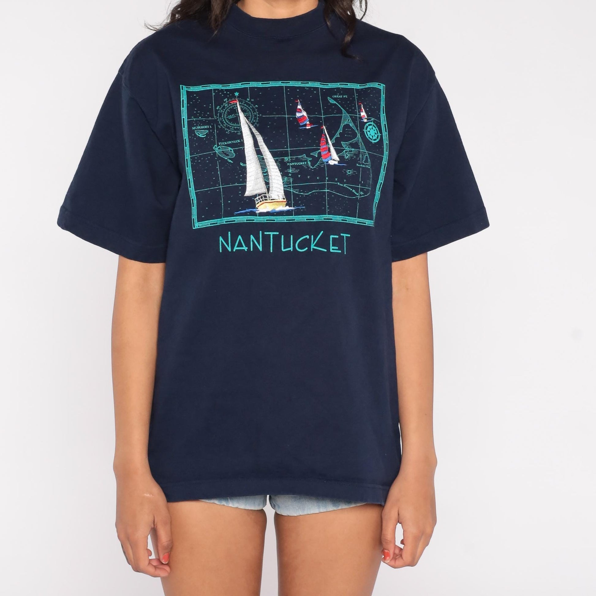 90s Singal Sports Nantucket Nautical Map Embroidered Tee Navy Large L