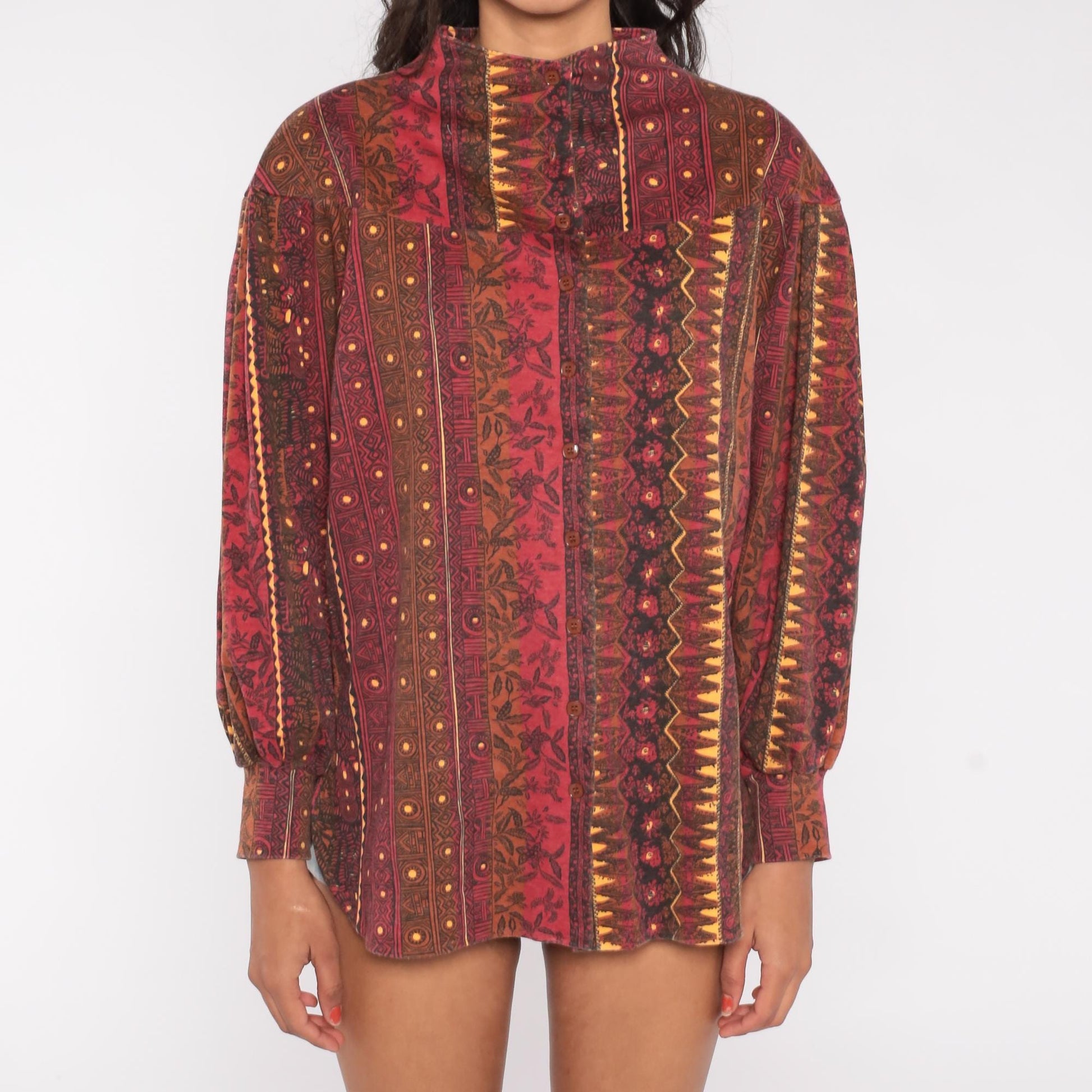 90s Mike & Me Moon Craft Burgundy Geometric Tribal Button Up Blouse One Size