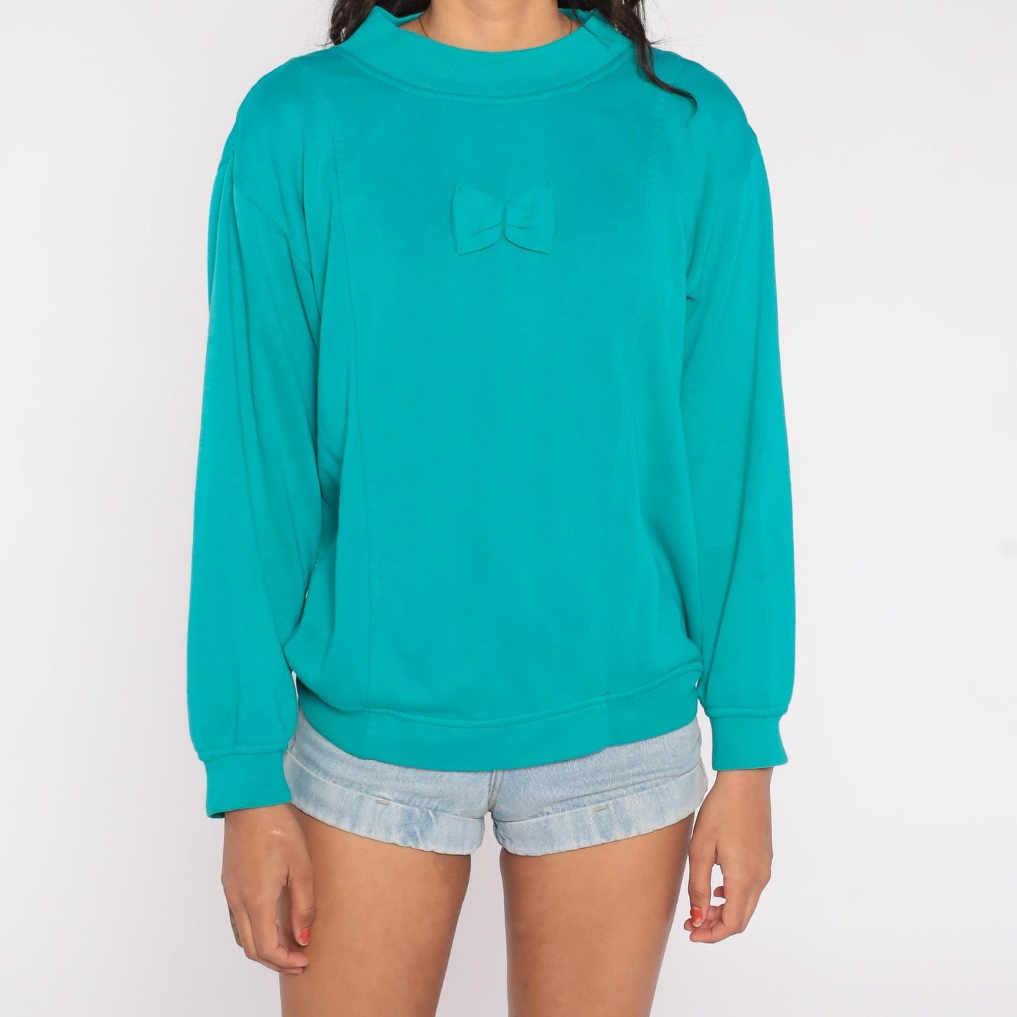 90s Teal Sweatshirt Bow Applique Mock Neck Pullover Medium M
