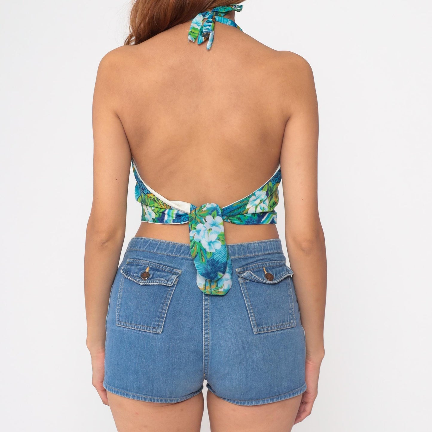 1960s Hawaiian Halter Crop Top Tropical Print Blue White Small S