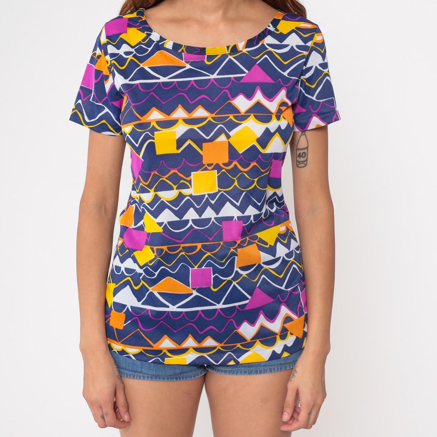 80s Speedo Geometric Top Navy Blue Pink Yellow Abstract Scoop Neck Small