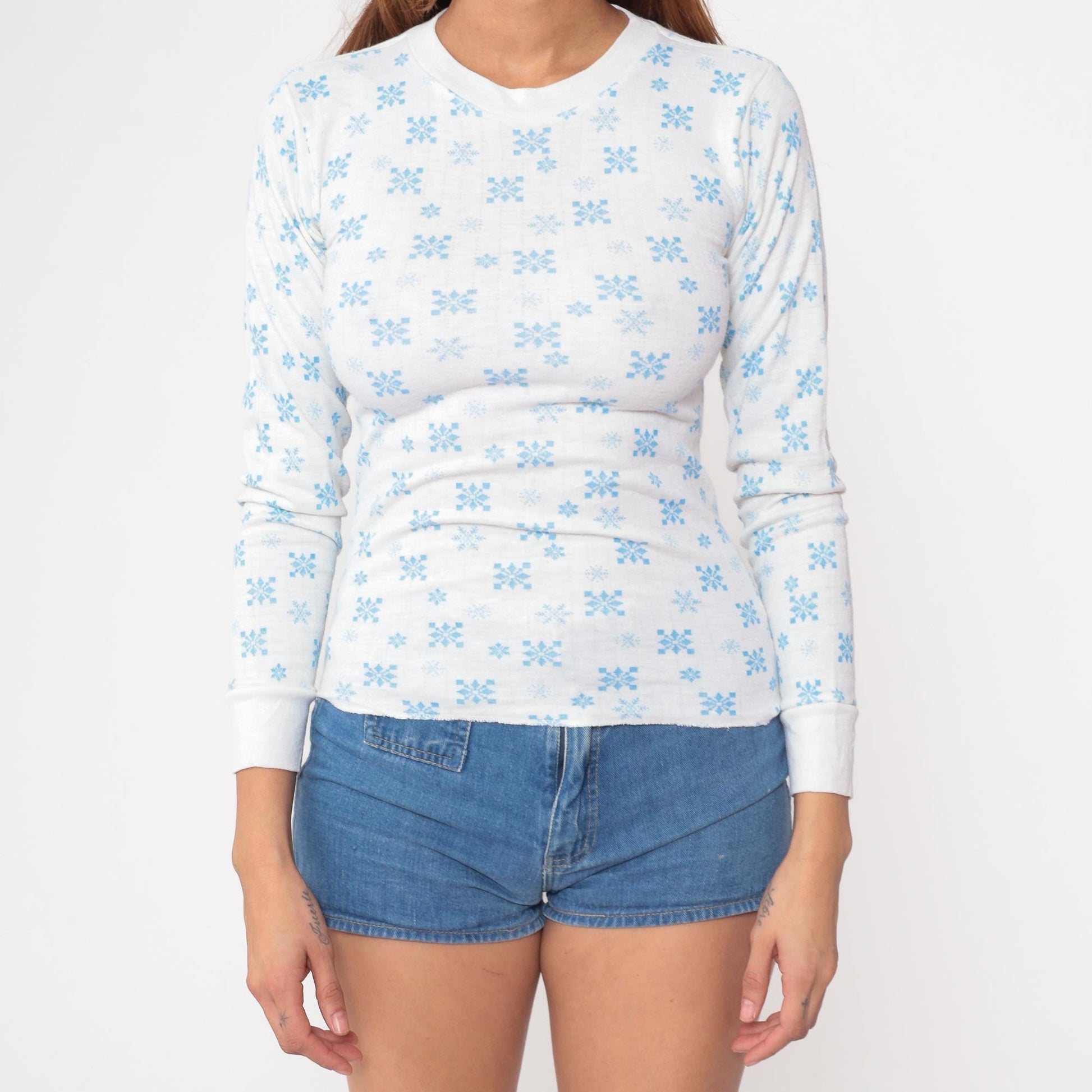 80s Winterskins Snowflake Thermal Long Sleeve Shirt White Blue Small