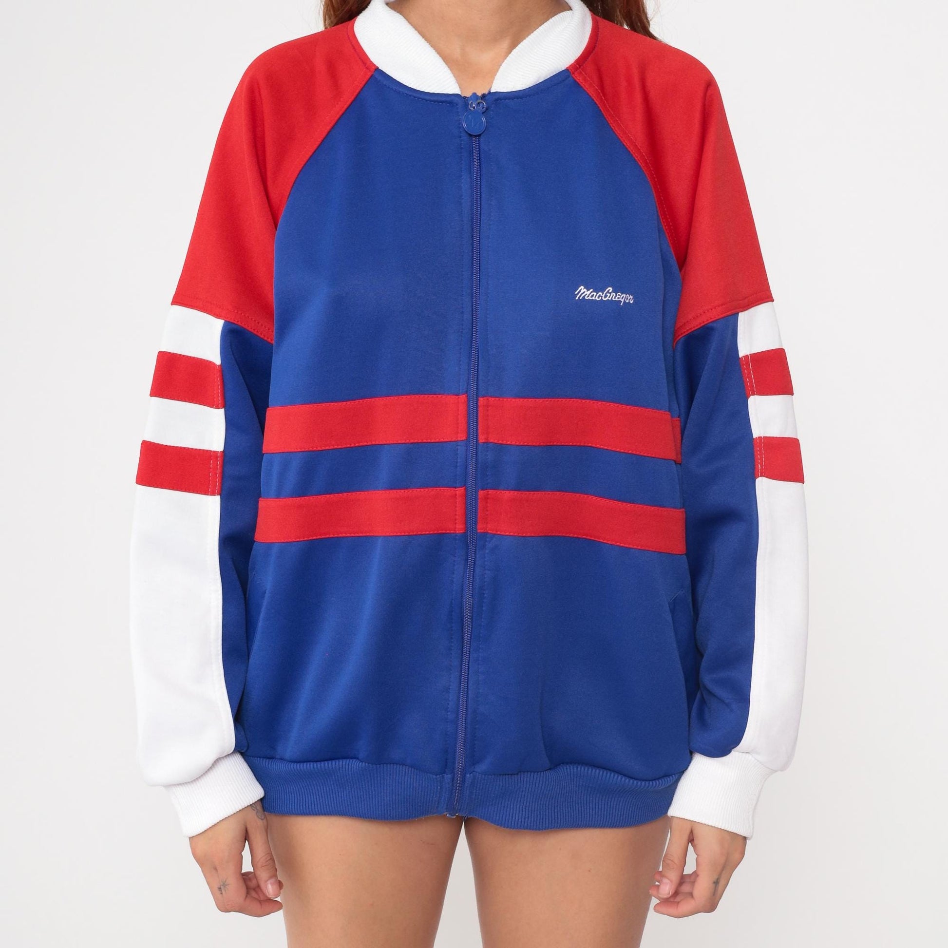80s MacGregor Track Jacket Royal Blue Striped Zip Sweatshirt Extra Large