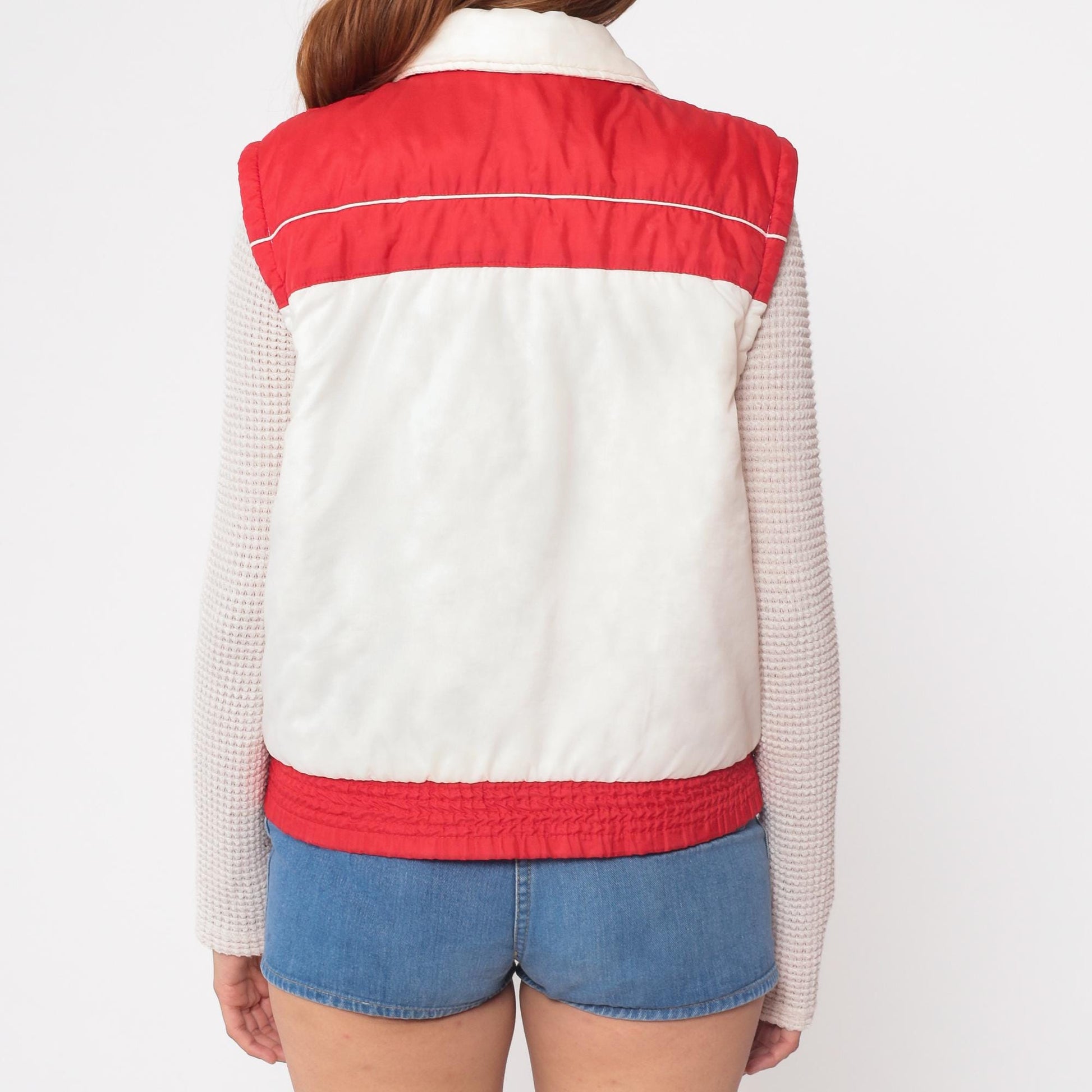 80s Red White Puffer Vest Western Yoke Sleeveless Zip Jacket Medium
