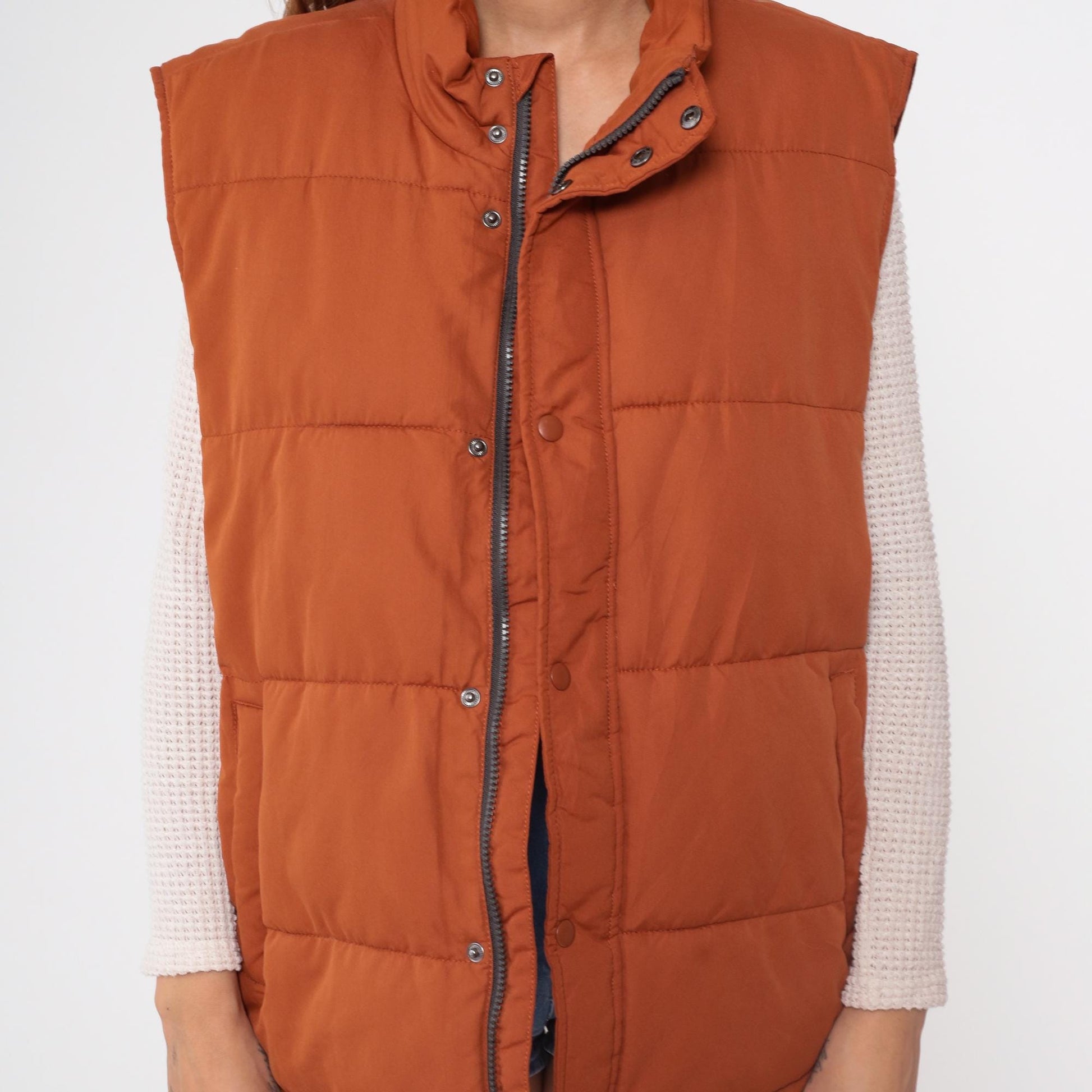 Y2K St Johns Bay Burnt Orange Puffer Vest Quilted Zip Snap Collar Extra Large XL