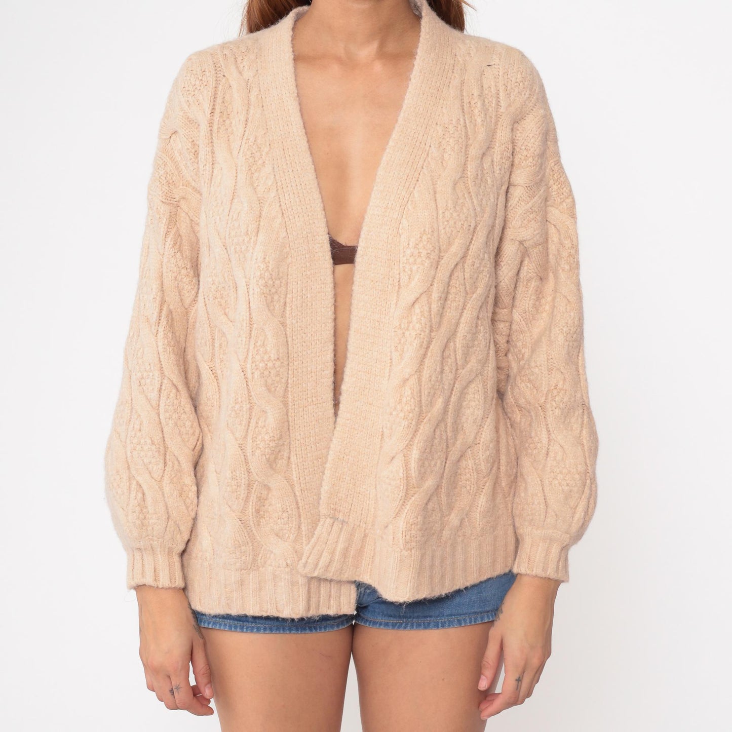 80s Cable Knit Cardigan Cream Wool Fisherman Chunky Knit Small