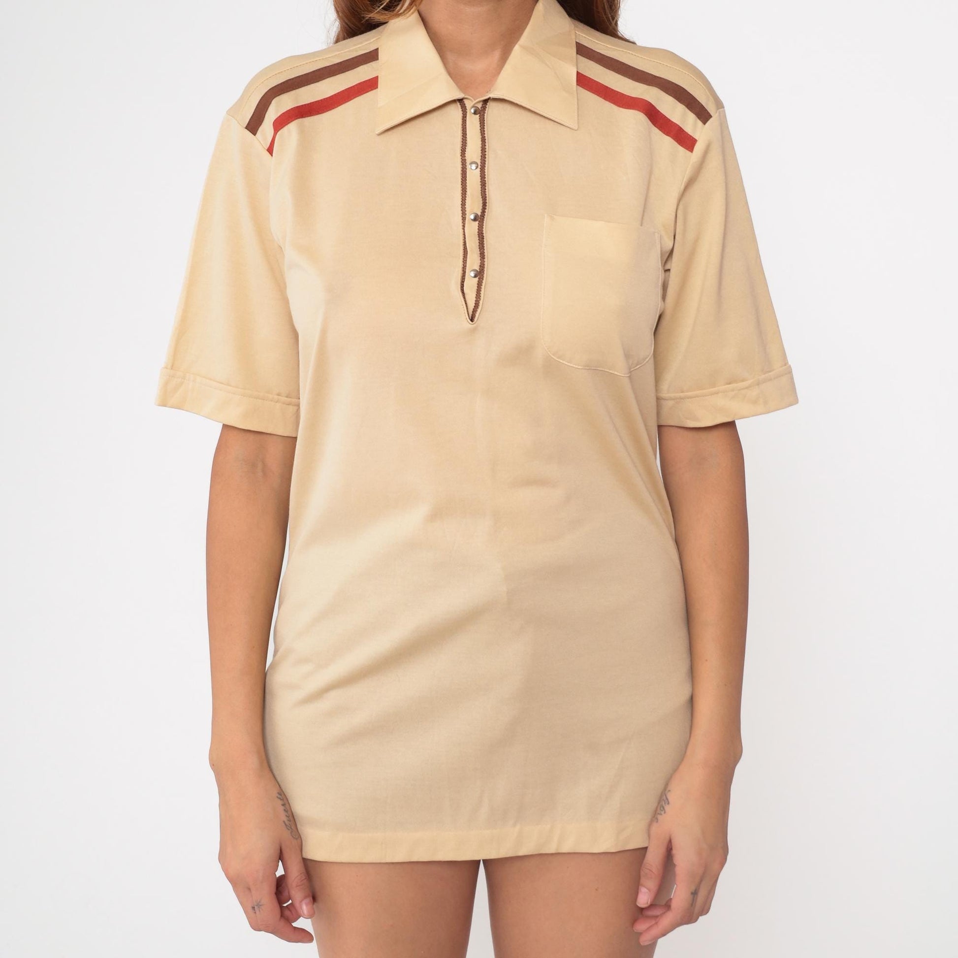 80s Davila Polo Shirt Beige Red Brown Striped Shoulder Medium