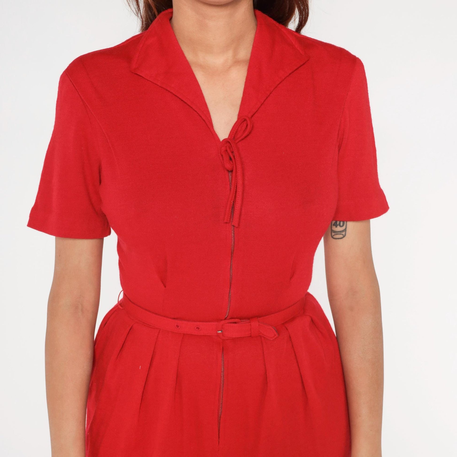 60s Toni Hunt Cherry Red Wool Blend Dress Notch Collar Belted Small