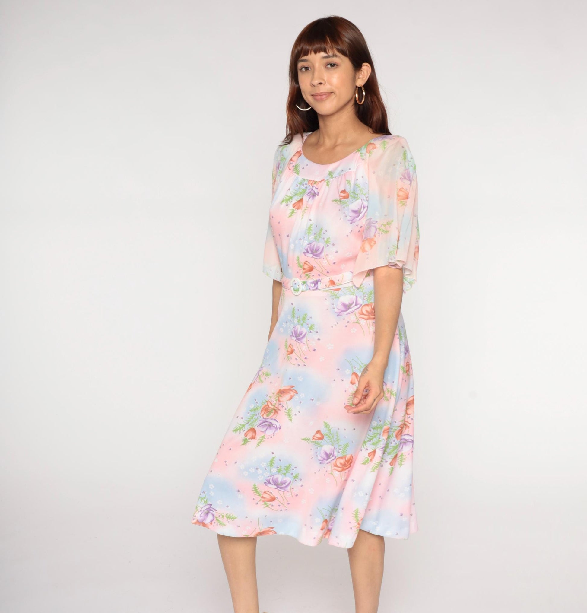 70s Lane Bryant Floral Midi Dress Pink Blue Rose Print Peter Pan Collar Large