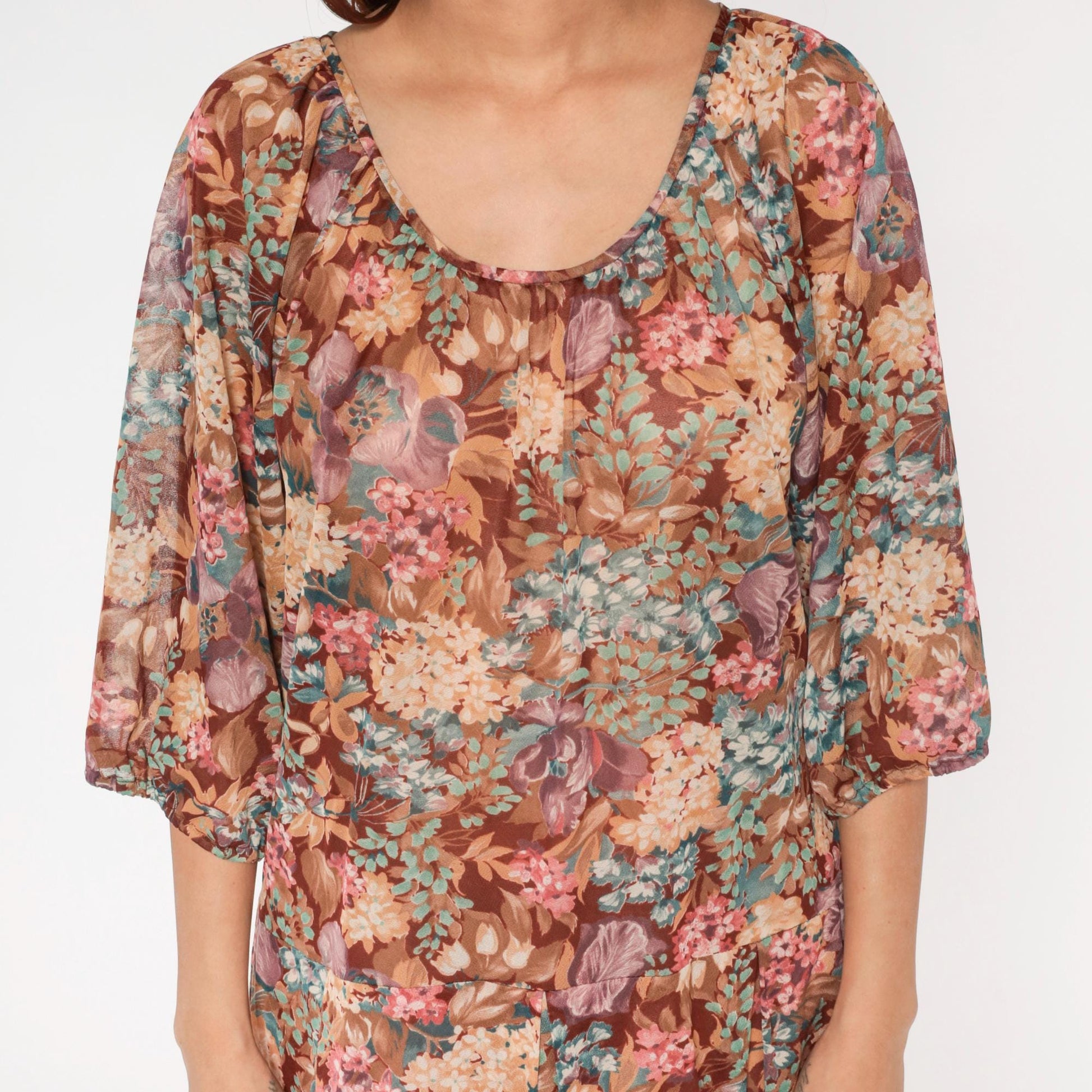 1970s Brown Floral Midi Dress Bishop Sleeve Earth Tone Mauve Teal Large
