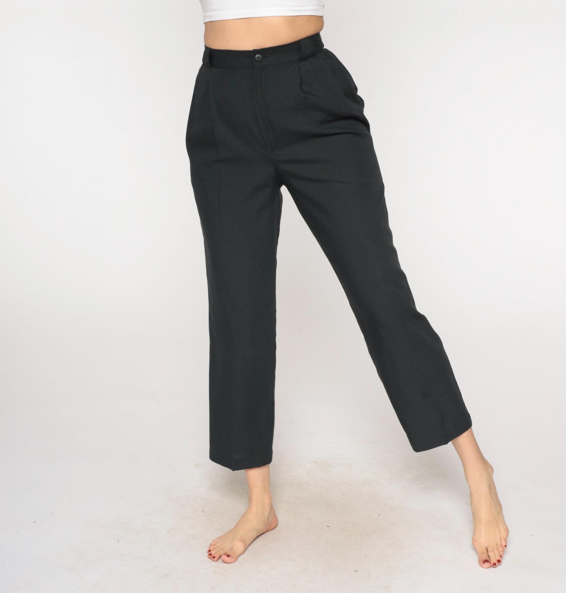 80s Black Pleated High-Waist Tapered Trousers Cropped Leg Small