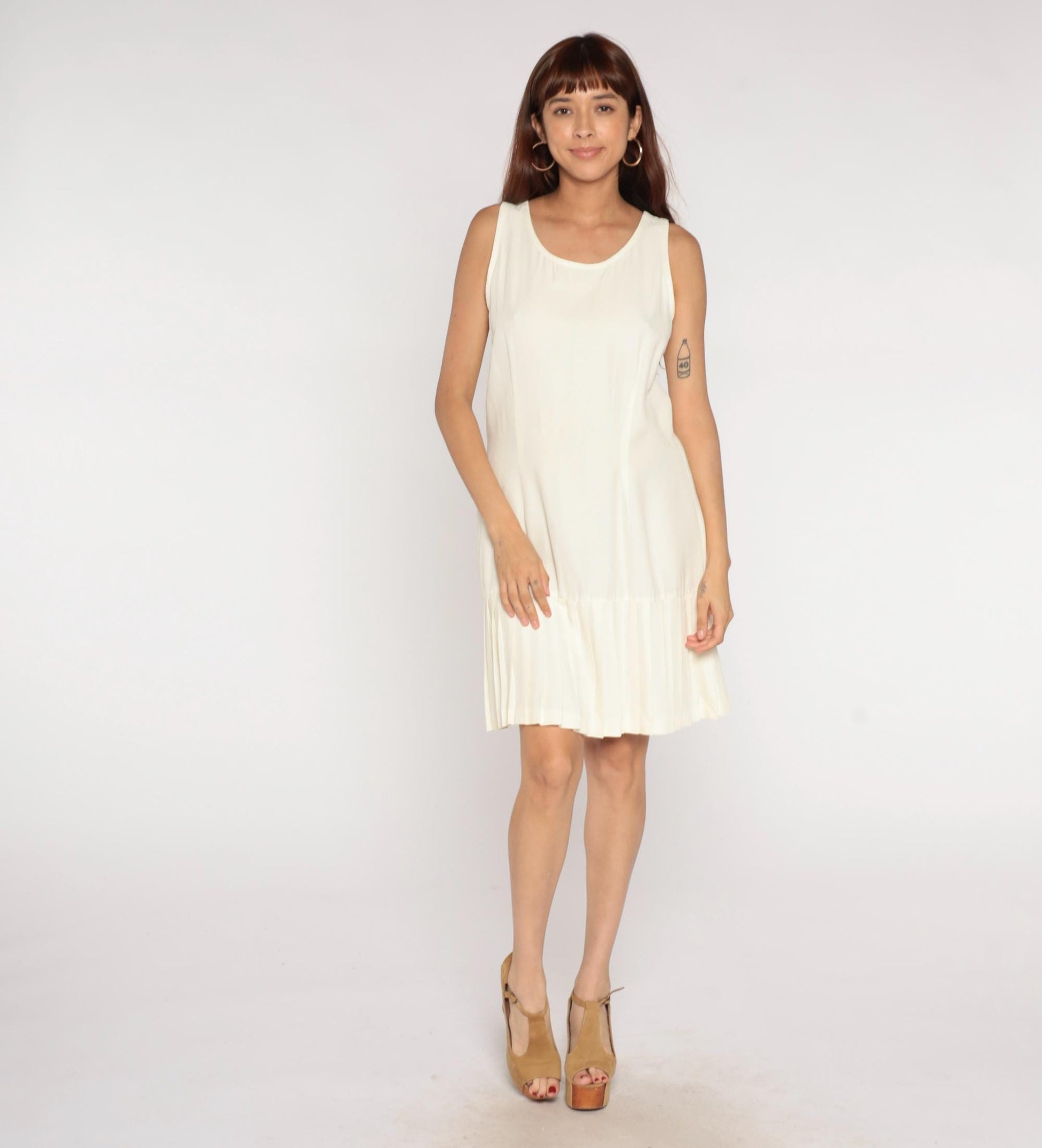 90s Ivory Sleeveless A-Line Dress Pleated Hem Drop Waist Scoop Neck Large