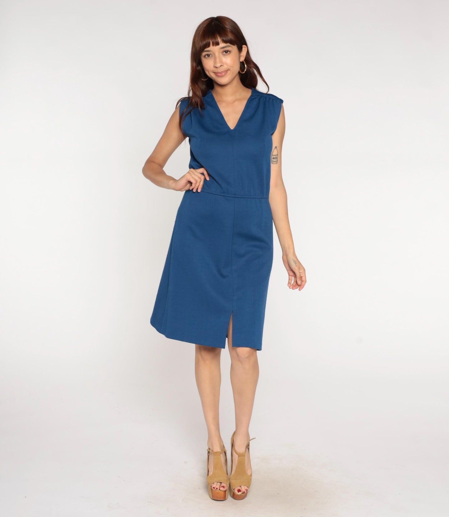 70s Royal Blue A-Line Dress Sleeveless V-Neck Front Slit Medium