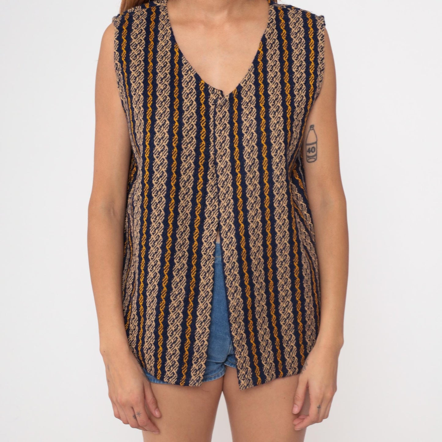 70s Geometric Woven Vest Navy Mustard Tan Stripe V-Neck Sleeveless Small Medium