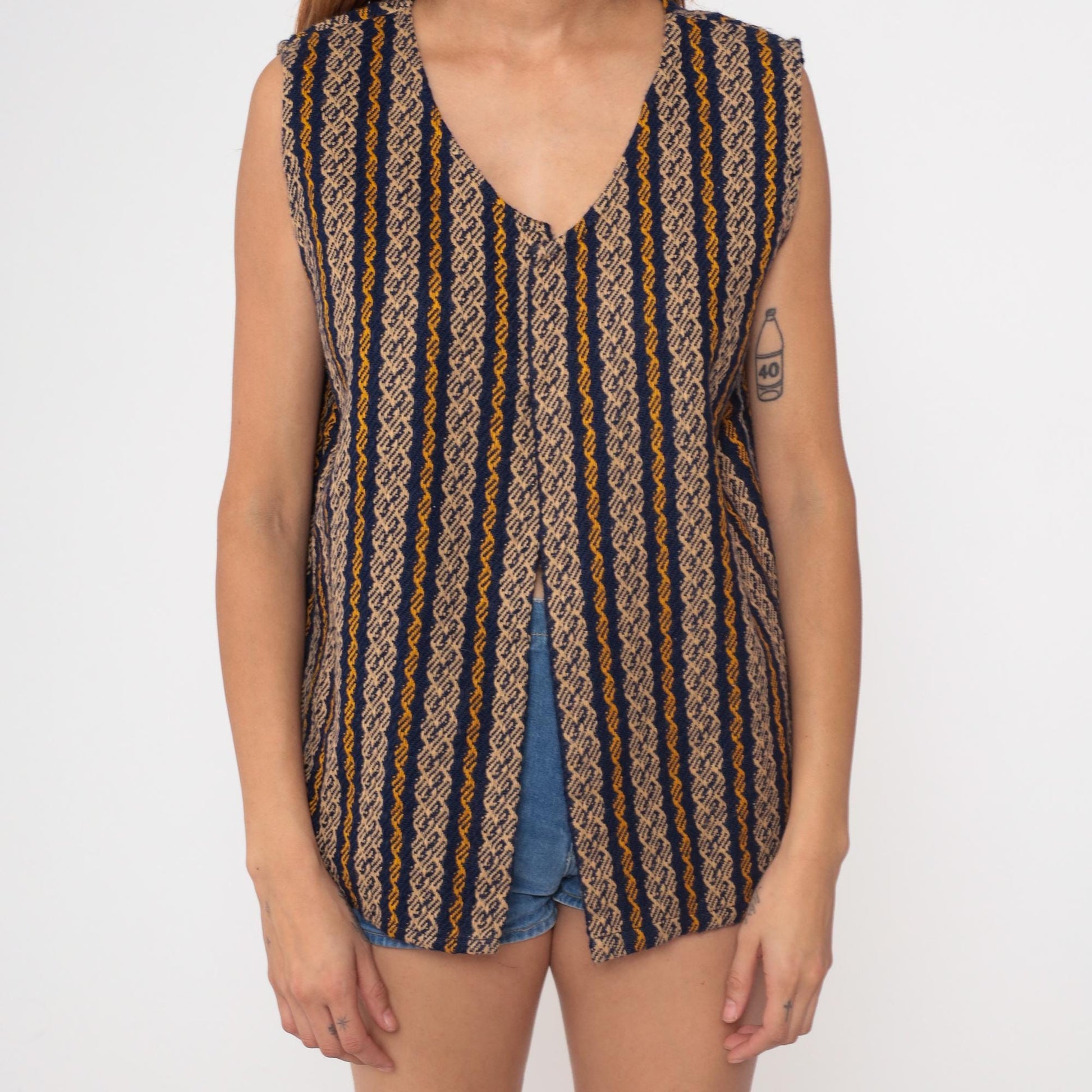 70s Geometric Woven Vest Navy Mustard Tan Stripe V-Neck Sleeveless Small Medium