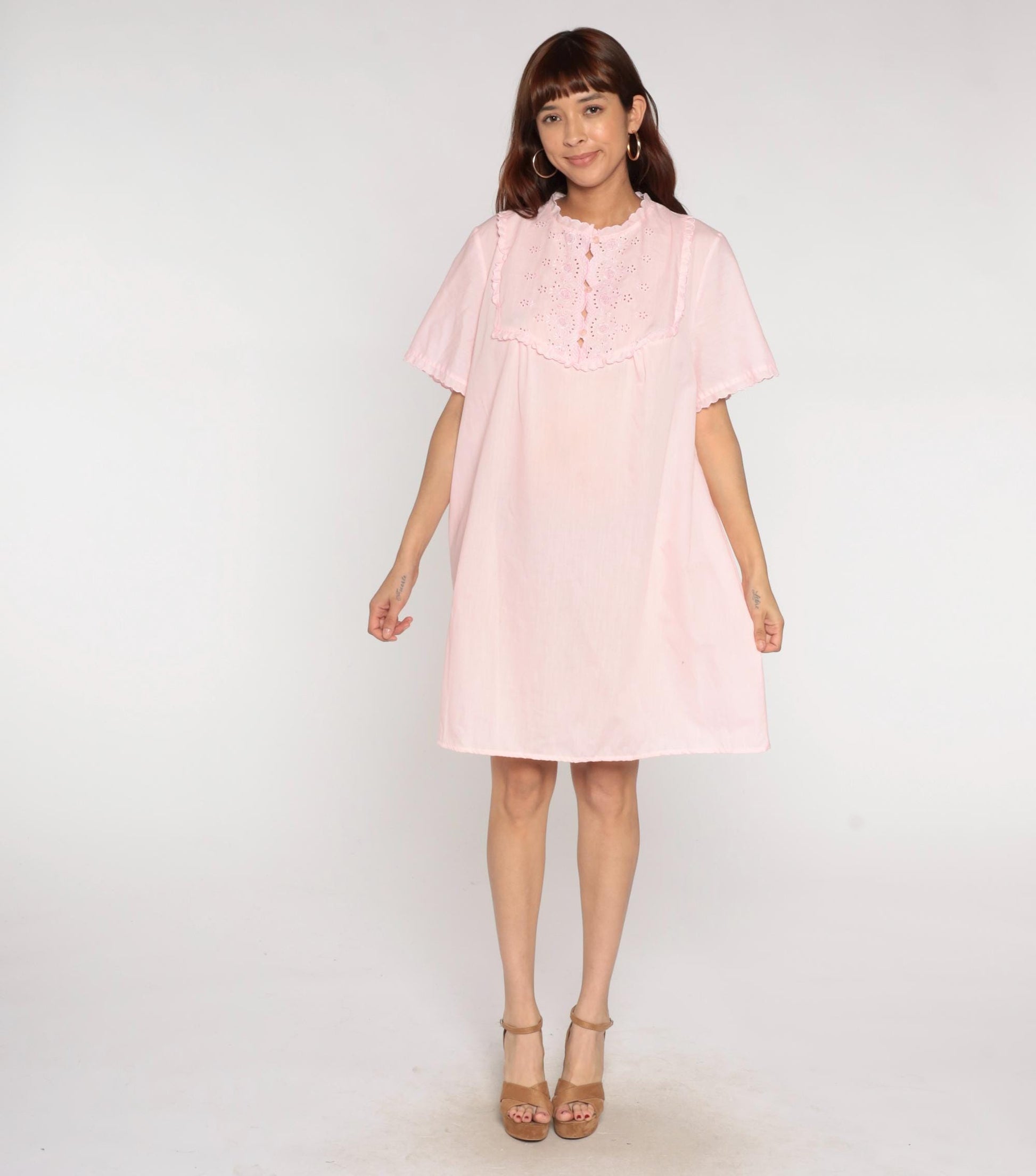 80s Miss Broadway Pink Eyelet Lace Nightgown Button Front Short Sleeve Large