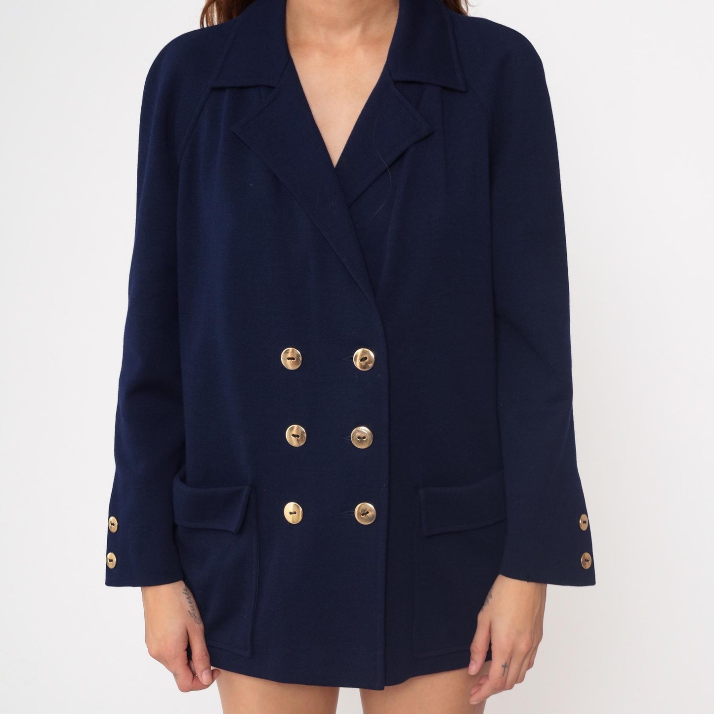 70s Marchesa di Grasy Navy Wool Blazer Double Breasted Gold Buttons Medium M