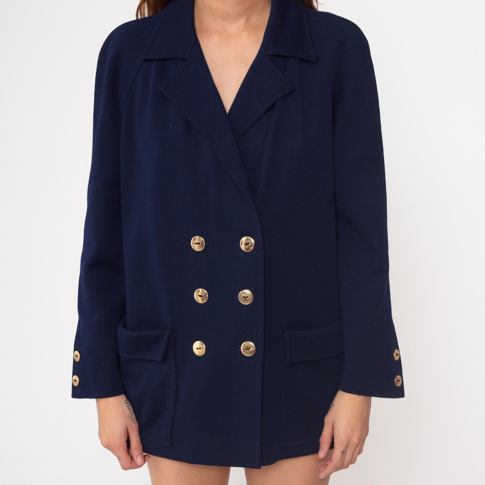 70s Marchesa di Grasy Navy Wool Blazer Double Breasted Gold Buttons Medium M