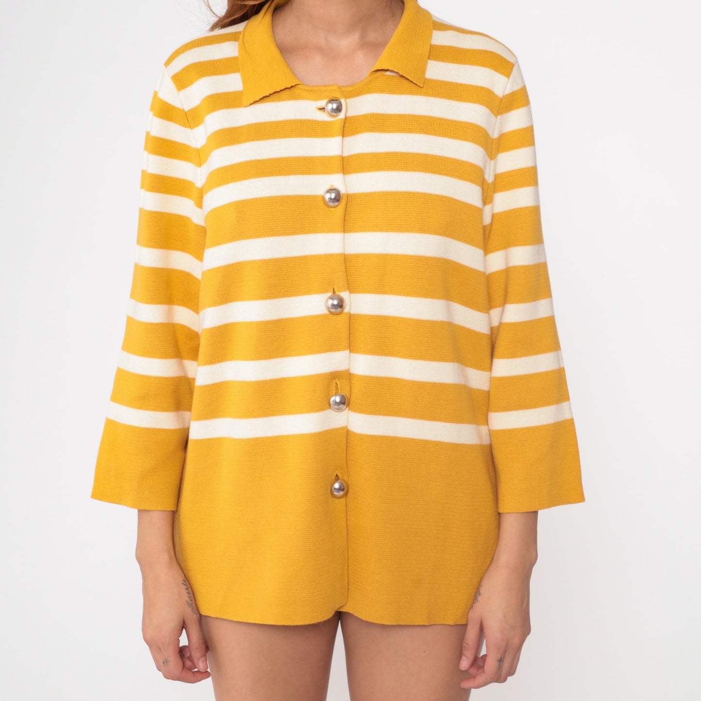 Y2K Liz Claiborne Mustard Striped Cardigan Pointed Collar Large L