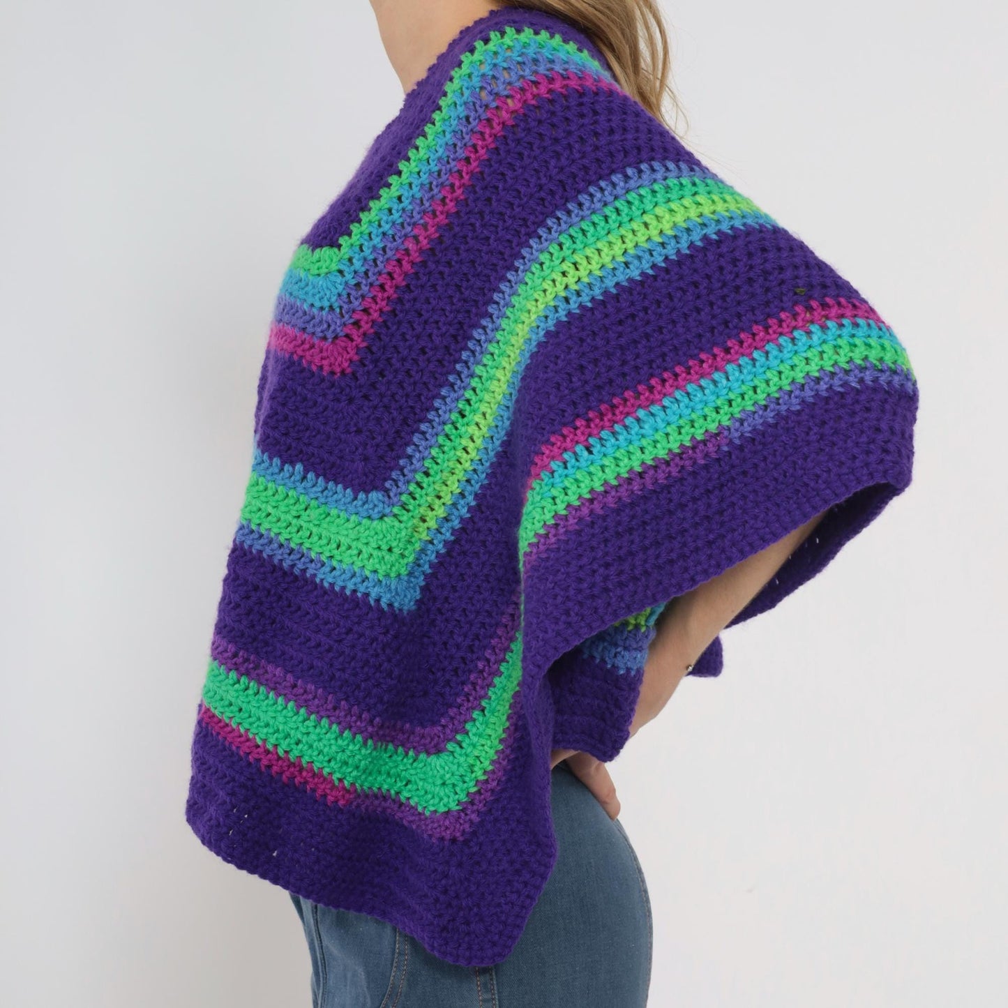 90s Purple Crochet Poncho Rainbow Stripe Square Neck One Size