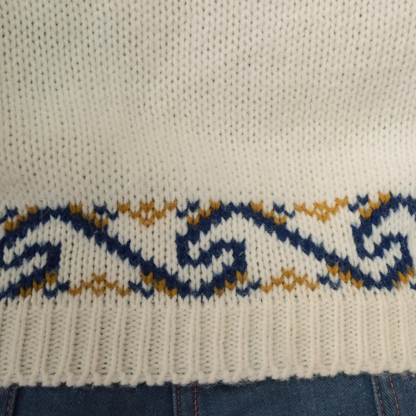 70s Nordic Folk Cardigan Cream Blue Gold Pattern Button Front Medium