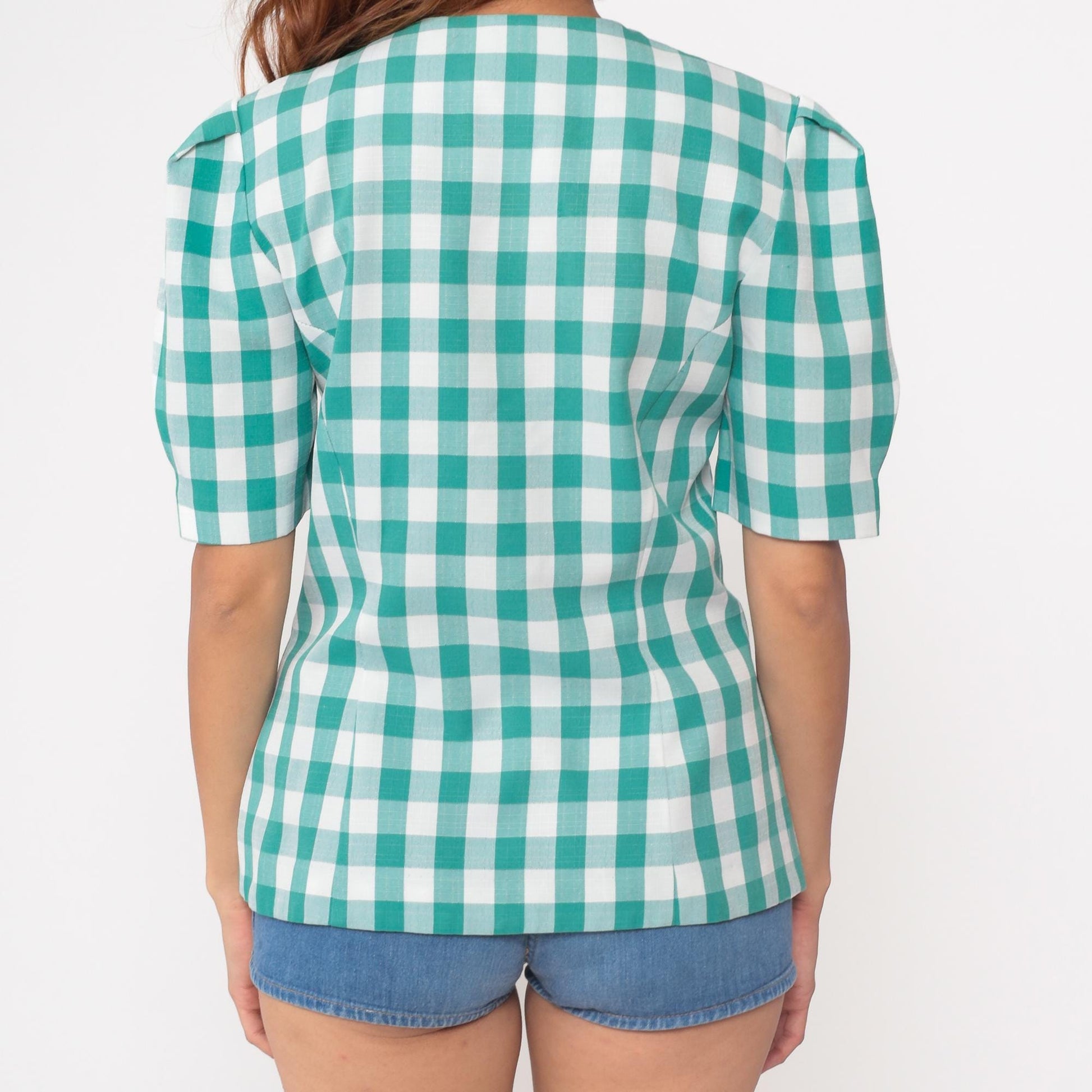 90s Via Sant Andrea Teal Gingham Button Up Blouse Short Puff Sleeve Medium